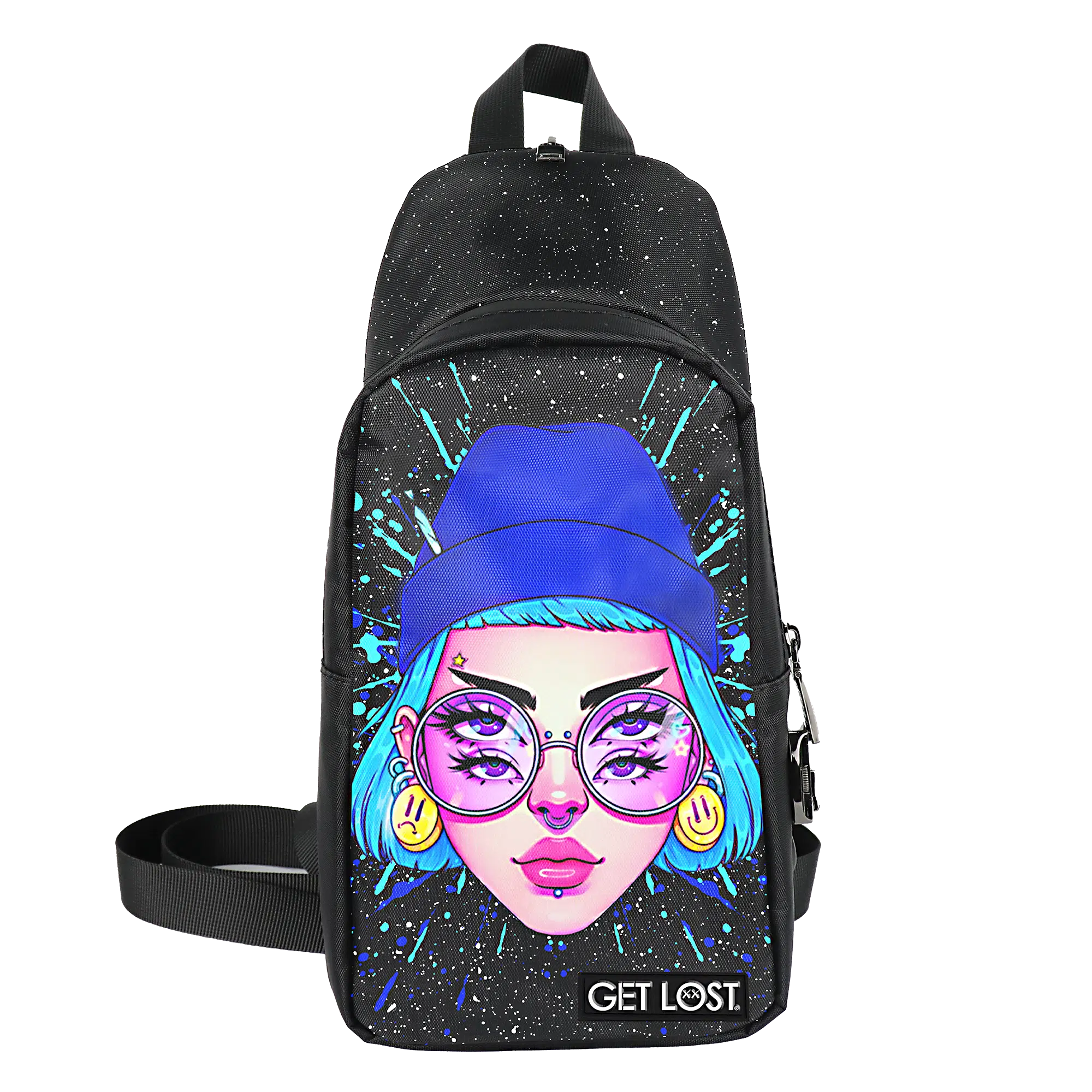 CB-SL-004 Get Lost Saffiano Leather Smell-Proof Premium Convertible Bag (Blue Hat Trippy Girl)