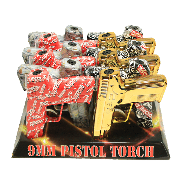 19025E Assorted Design 6in 9MM Pistol Torch Lighter Display – (12 Count)