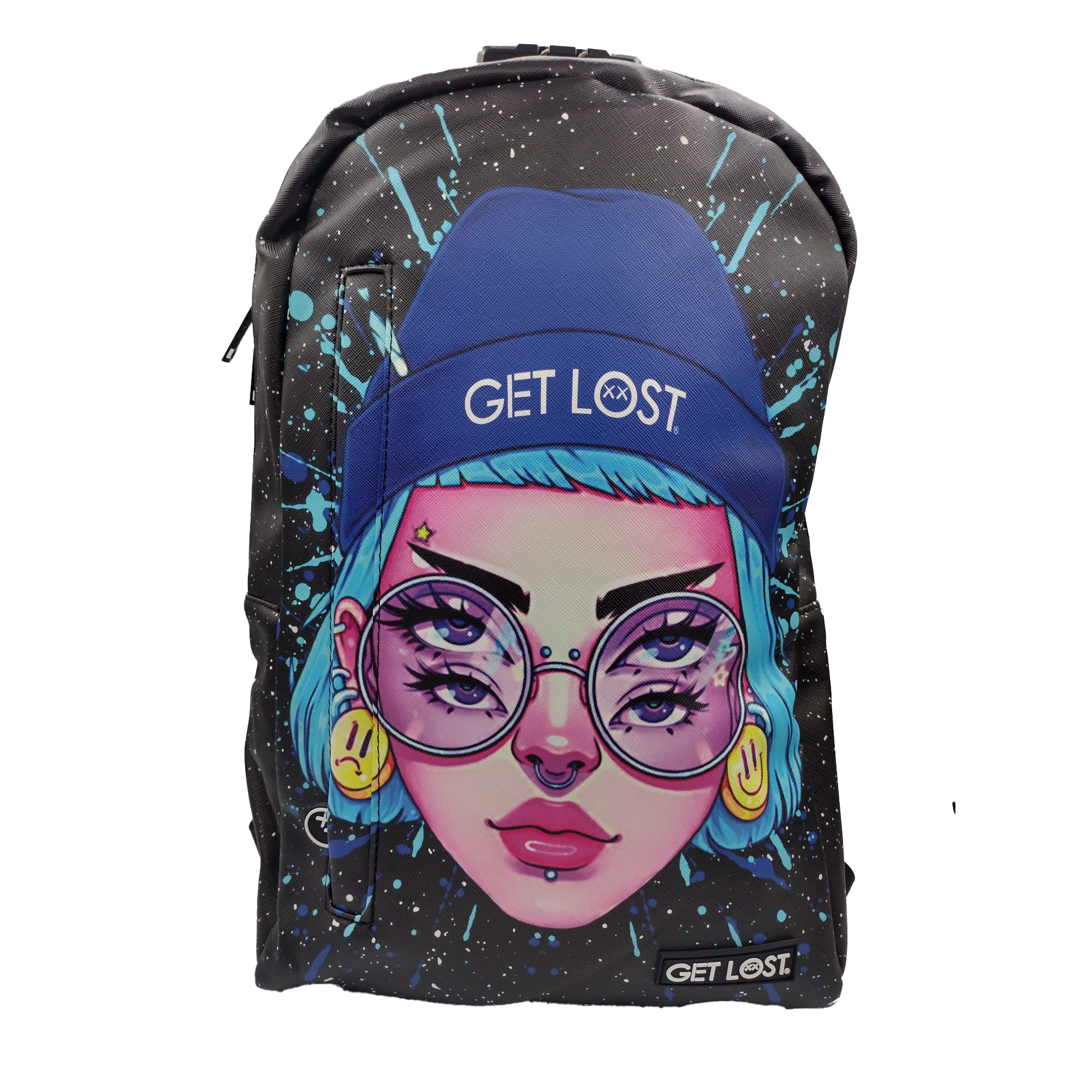 BP-SL-005 Premium Saffiano Smell Proof Backpack (Blue Hat Trippy 4 Eyes Girl)