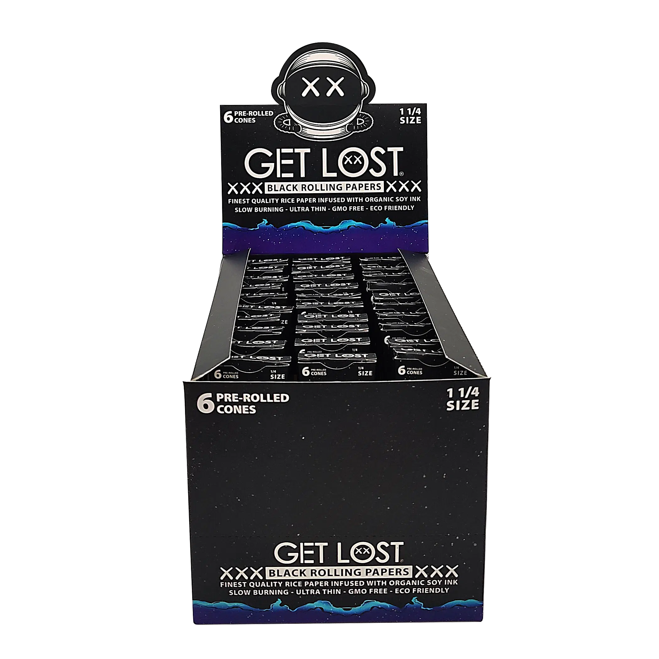 BPRC-114-001 Get Lost – Black Pre Rolled Cones Tip Trapezoid  1 1/4″ (6 count, 30 Pack Display)