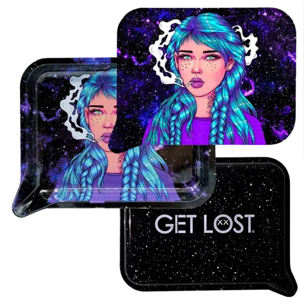 FRT3D-SM-011 Get Lost Small 3D Rolling Tray With Magnetic Lid Cover (Blue Long Hair Girl Smoking) - Image 3