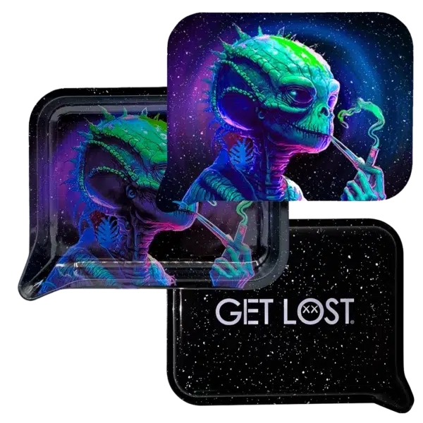 FRT3D-SM-012 Get Lost Small 3D Rolling Tray With Magnetic Lid Cover (Green Alien Smoking) - Image 3