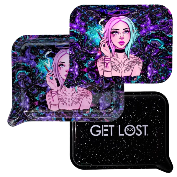 FRT3D-SM-034 Get Lost Small 3D Rolling Tray With Magnetic Lid Cover (Pink Hair Angel Smoking) - Image 3