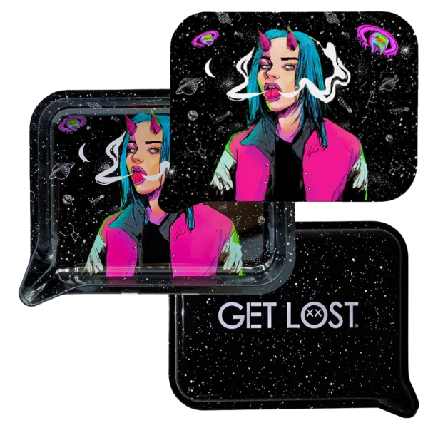 FRT3D-SM-046 Get Lost Small 3D Rolling Tray With Magnetic Lid Cover (Devil Girl Blue Hair Smoking) - Image 3