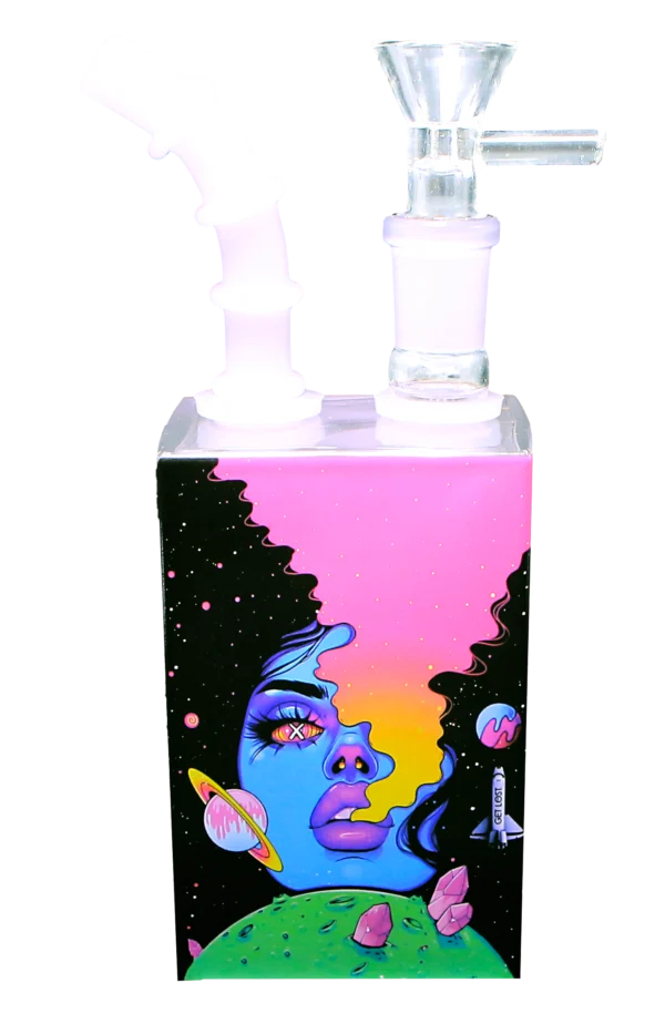 JB-005 Get Lost Glass Juice Box Pipe (Galaxy Blue Girl Smoking) - Image 3