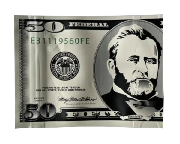 3.5 Gram Money Mylar Bag – Premium Smell-Proof Flower Packaging - Fifty Dollar Bill Vers 2 (50 Count) MMB-35G-003
