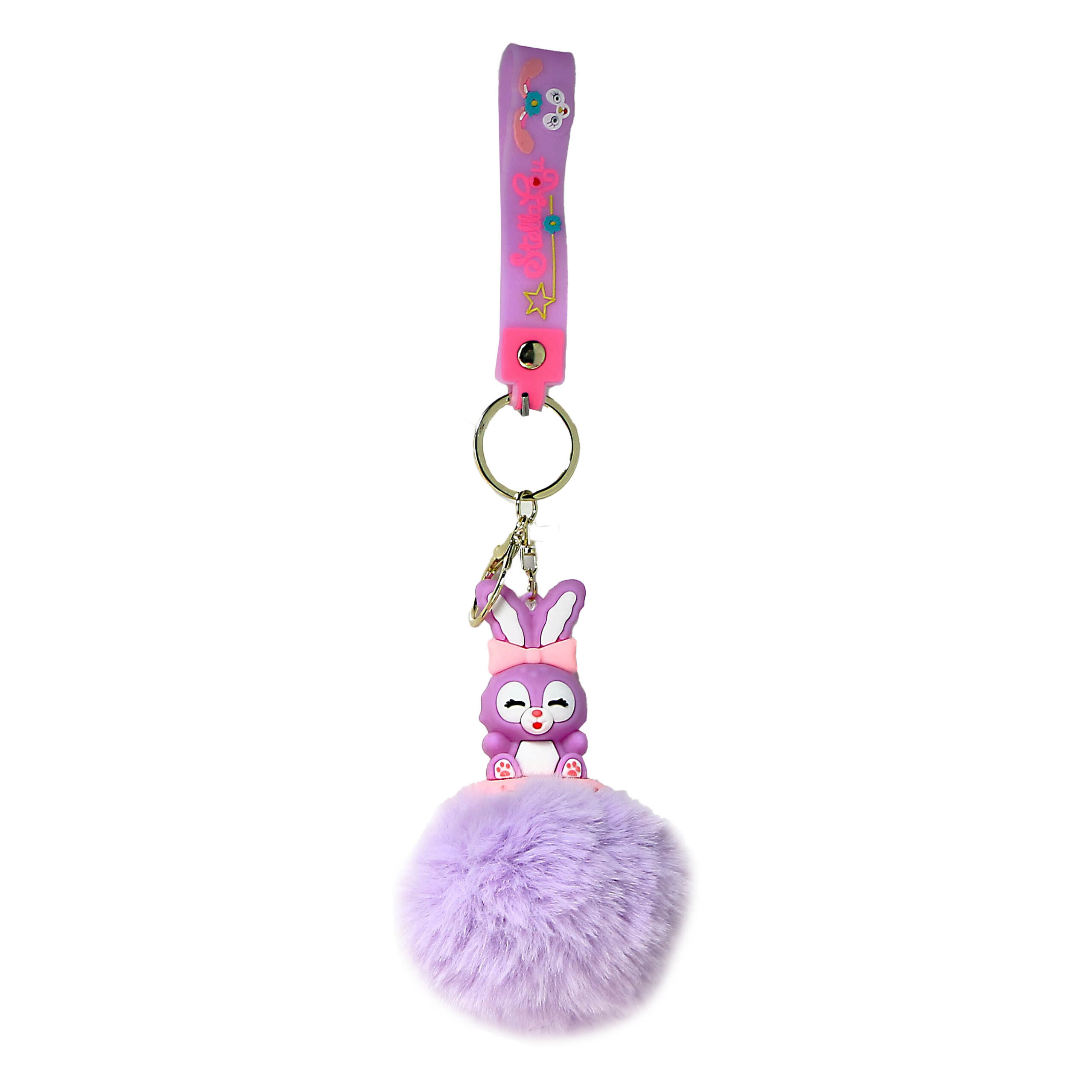 PSK-022 Pom Pom Puffy Keychain with Silicone Band – Stella Lou – Bunny Eyes Closed