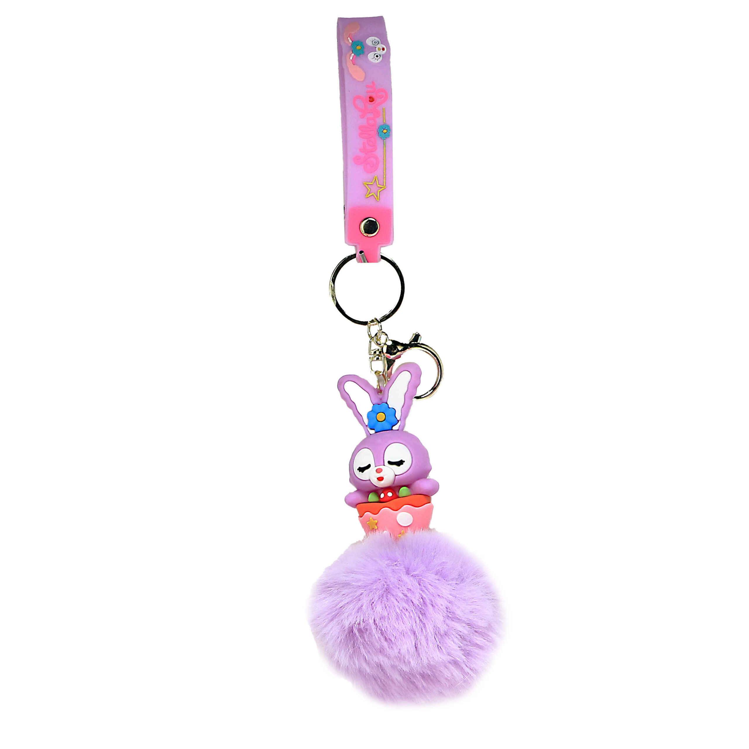 PSK-026 Pom Pom Puffy Keychain with Silicone Band – Stella Lou – Bunny Inside Cup
