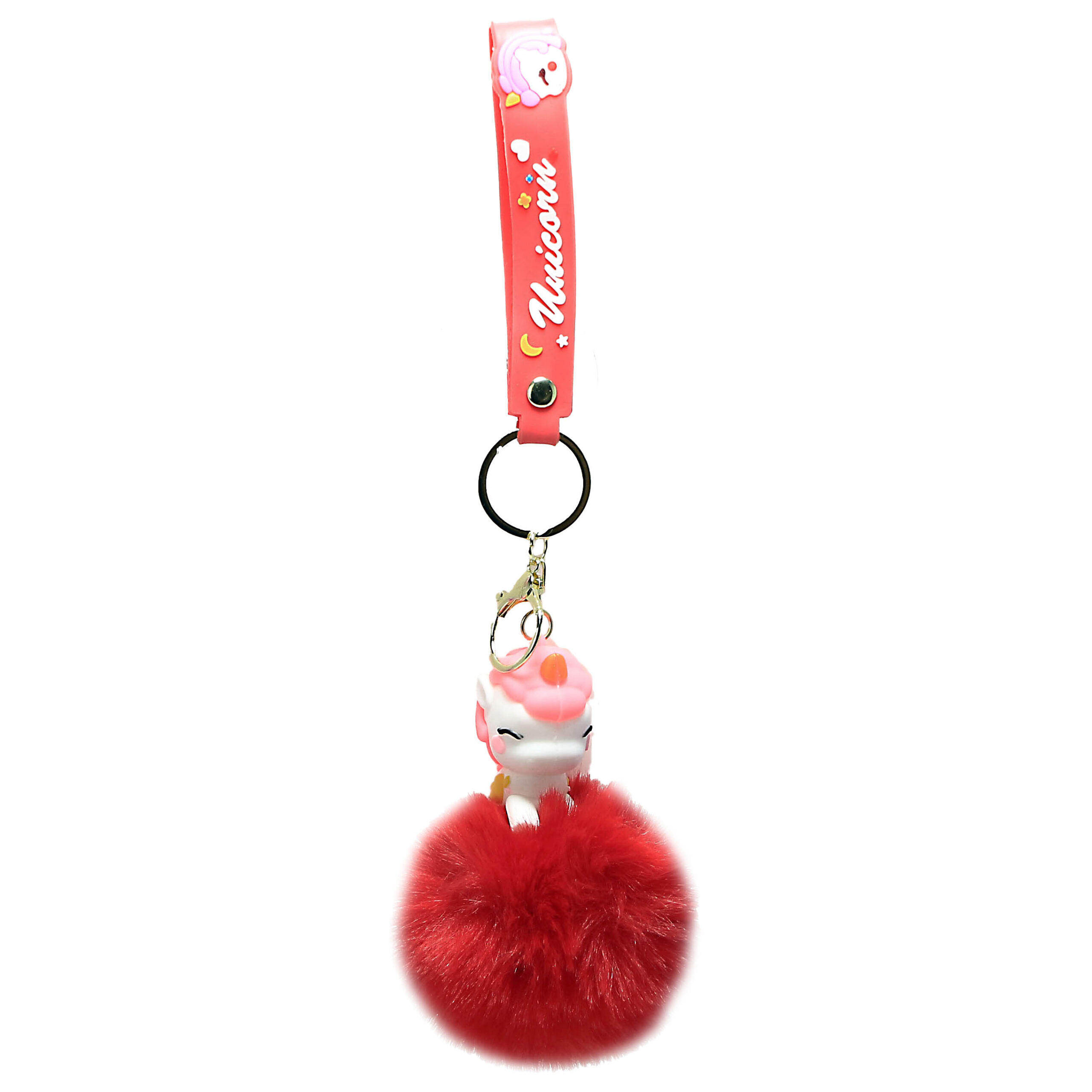 PSK-031 Pom Pom Puffy Keychain with Silicone Band – Unicorn Red