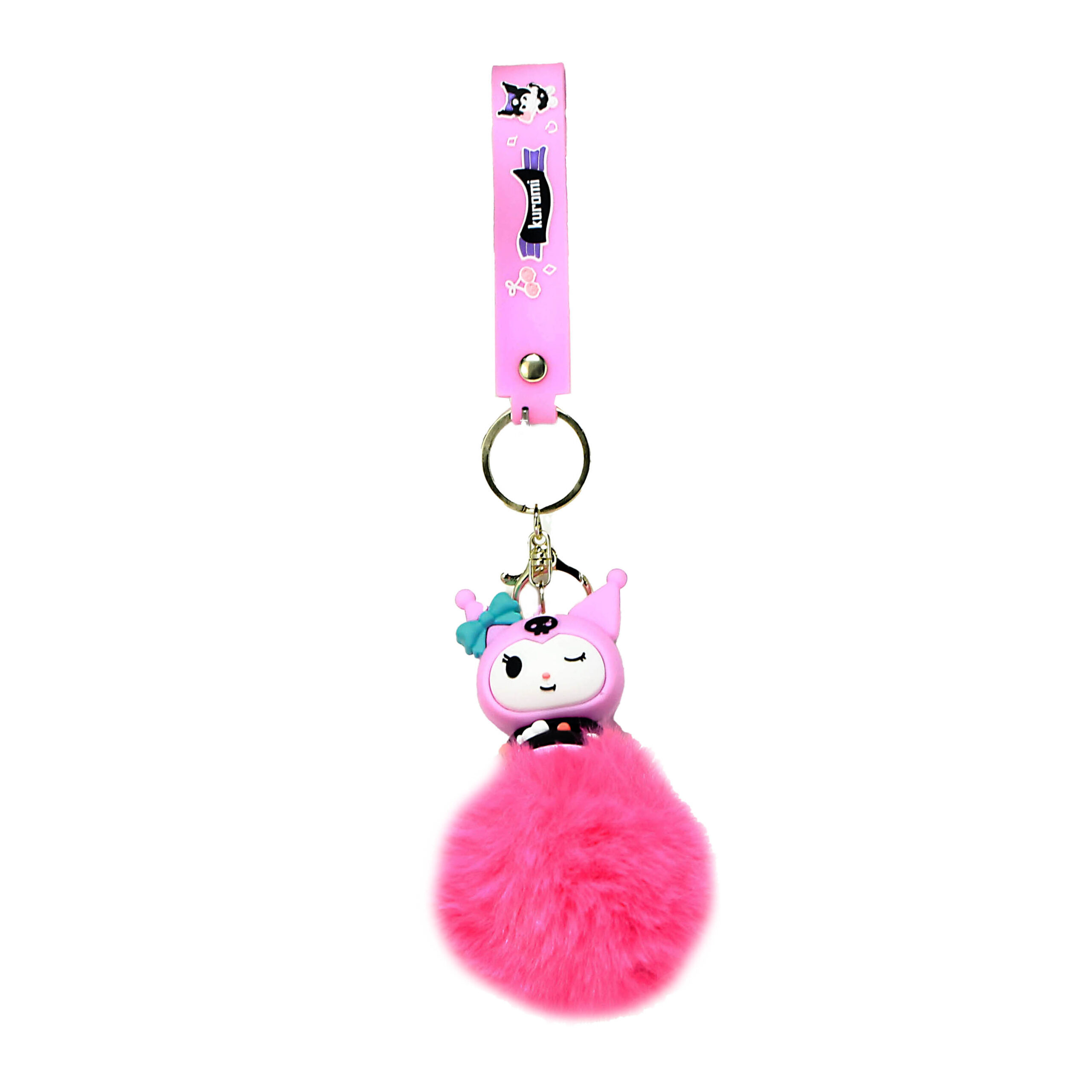 PSK-042 Pom Pom Puffy Keychain with Silicone Band – Kuromi Pink Winking