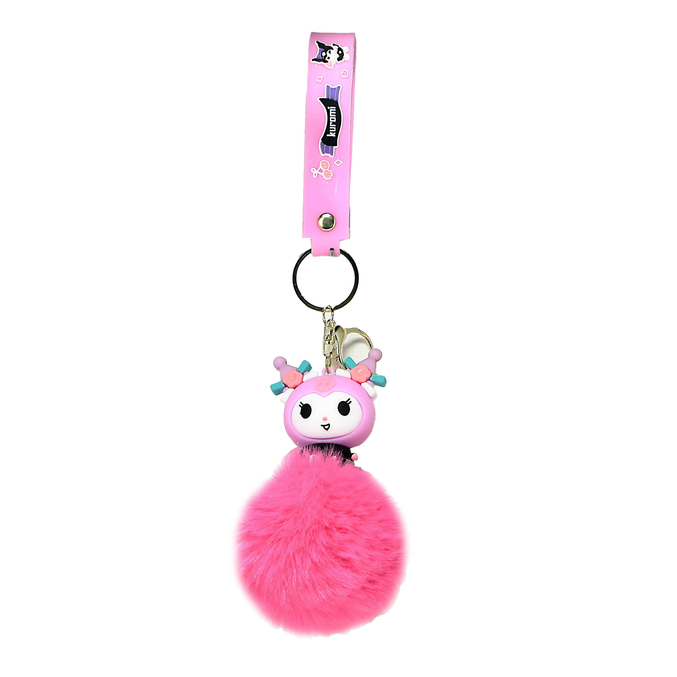PSK-044 Pom Pom Puffy Keychain with Silicone Band – Kuromi Pink Wild Hair