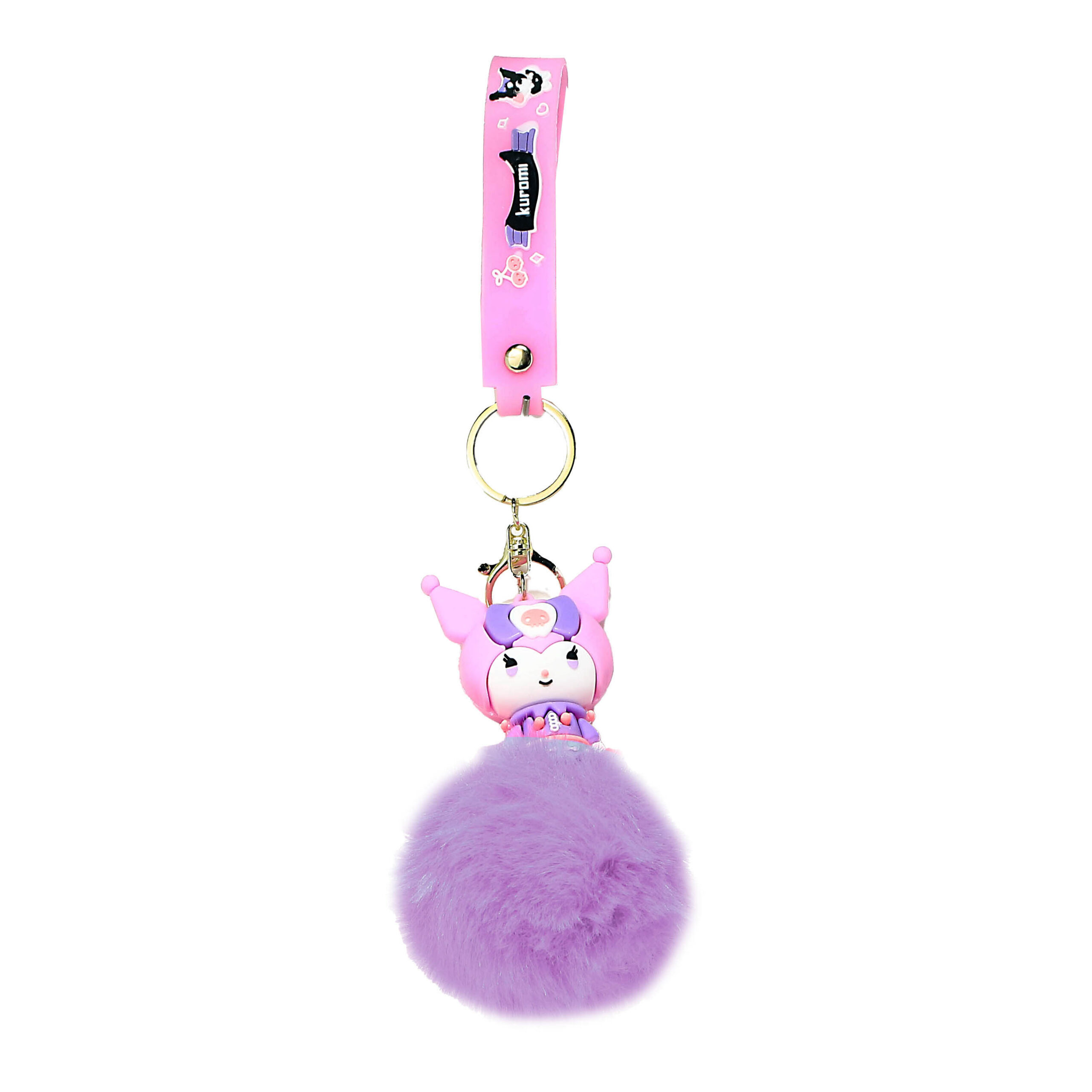 PSK-045 Pom Pom Puffy Keychain with Silicone Band – Kuromi Lavender Skull Forehead