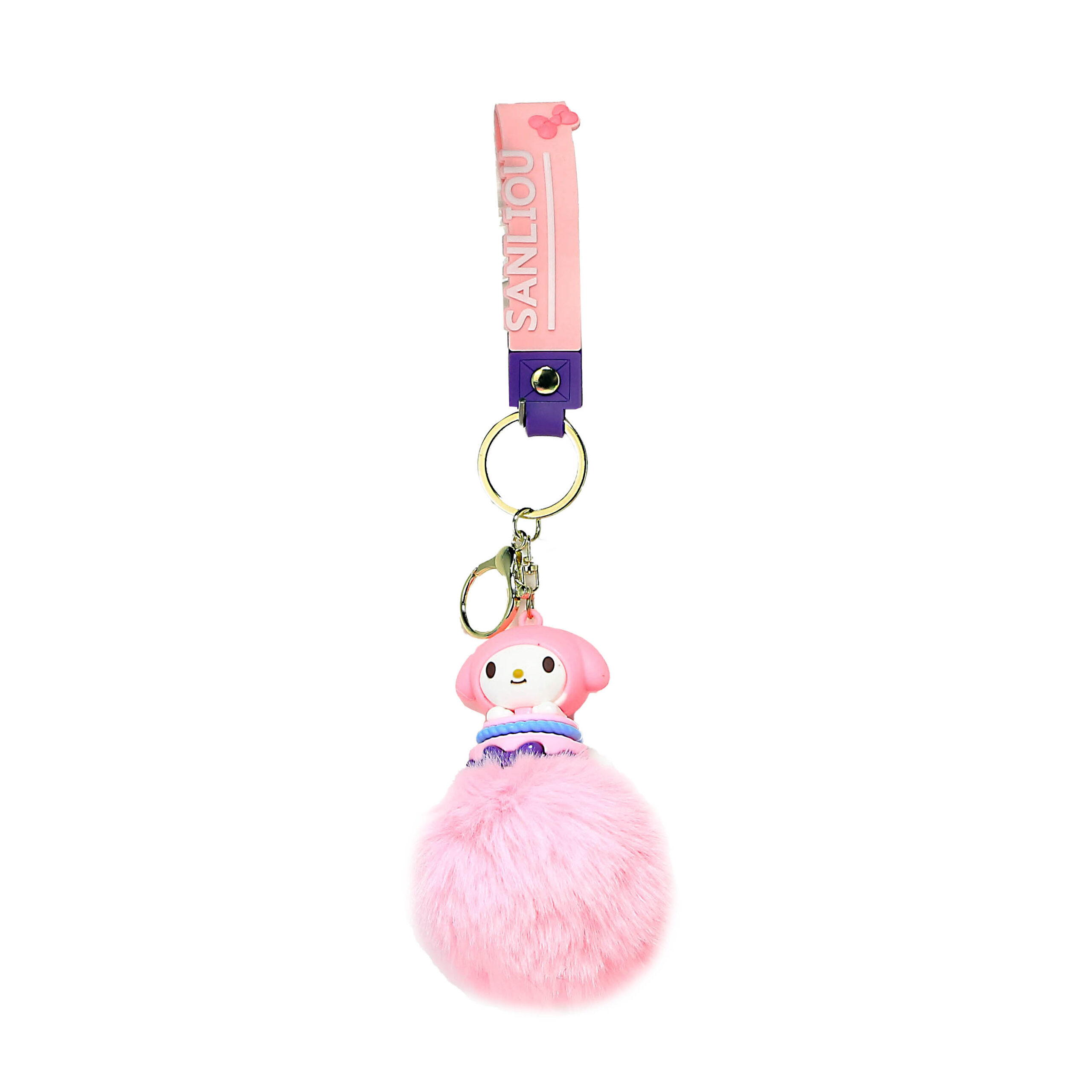 PSK-046 Pom Pom Puffy Keychain with Silicone Band – Kuromi Pink Cinnamoroll