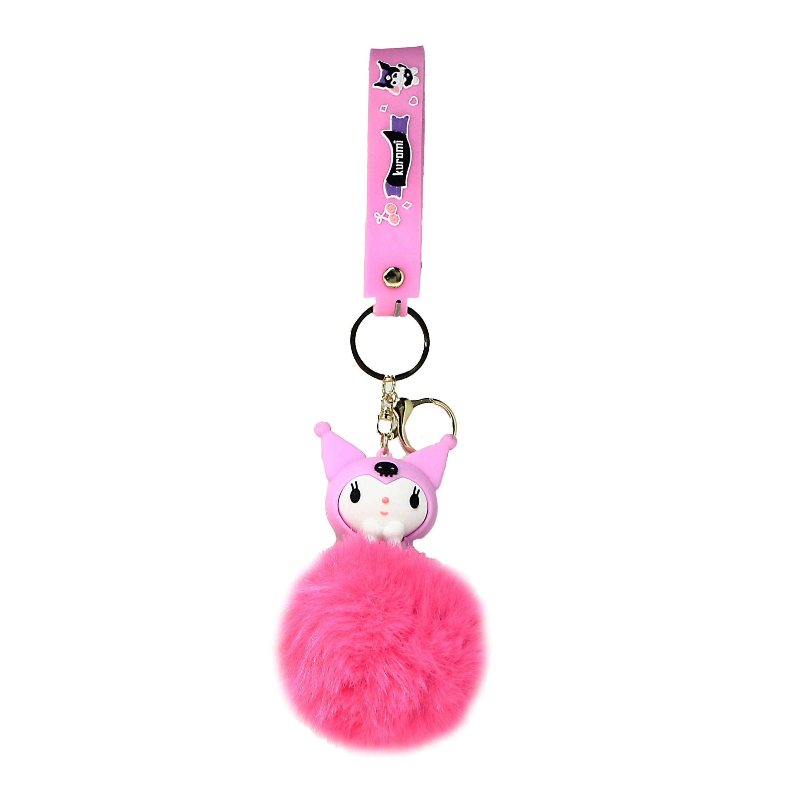 PSK-047 Pom Pom Puffy Keychain with Silicone Band – Kuromi Pink Black Skull Forehead