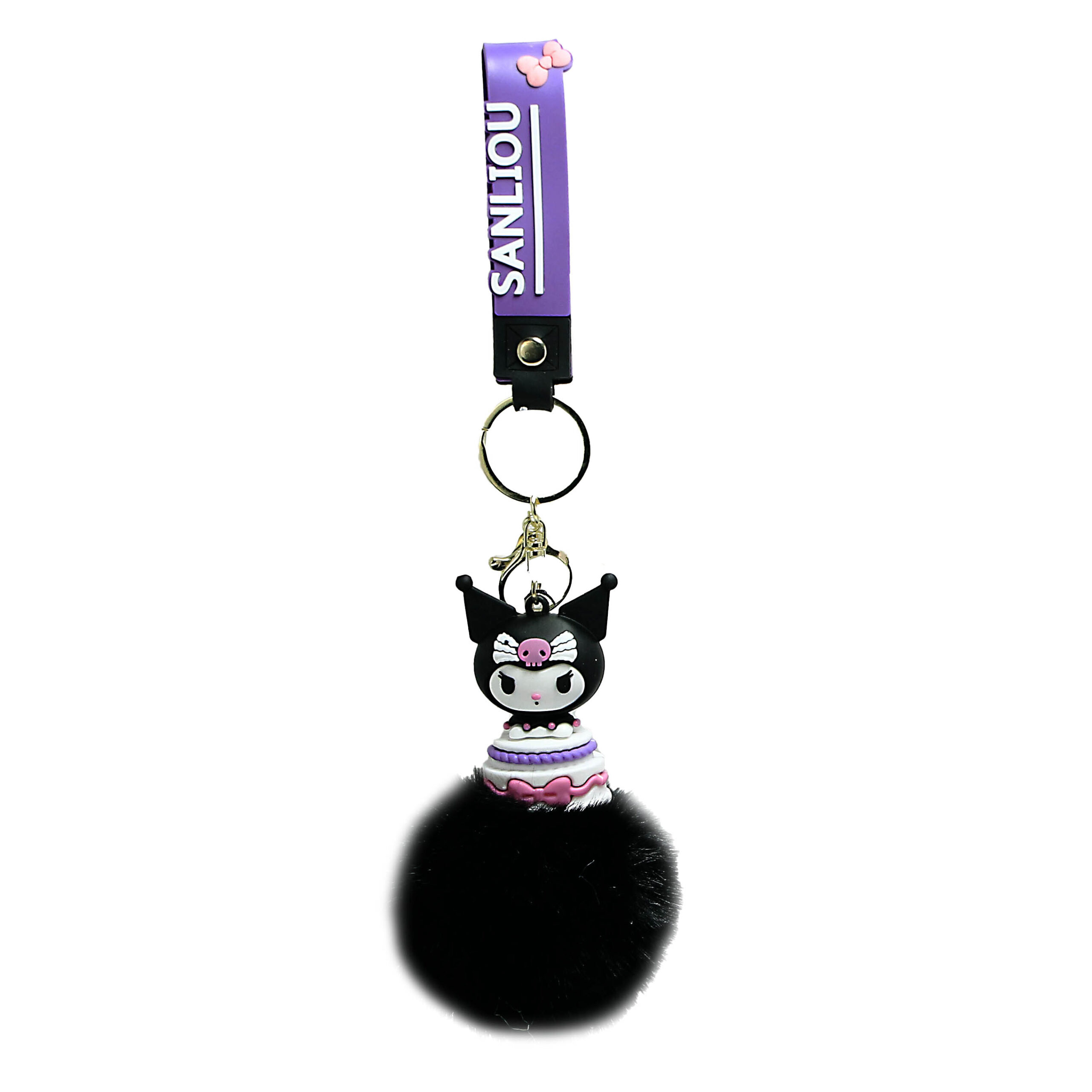 PSK-048 Pom Pom Puffy Keychain with Silicone Band – Kuromi Black Top Of Cake