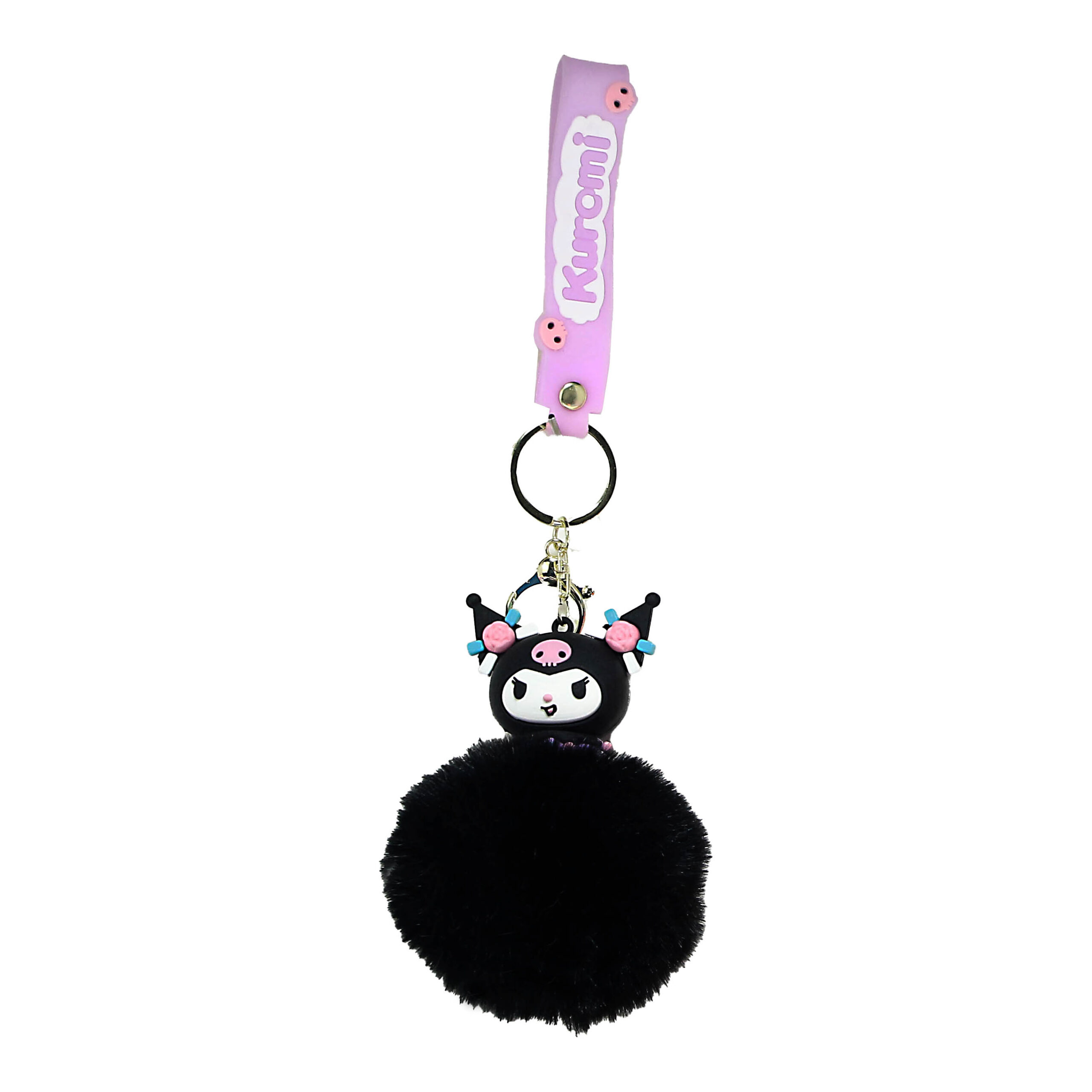 PSK-052 Pom Pom Puffy Keychain with Silicone Band – Kuromi Black Wild Hair