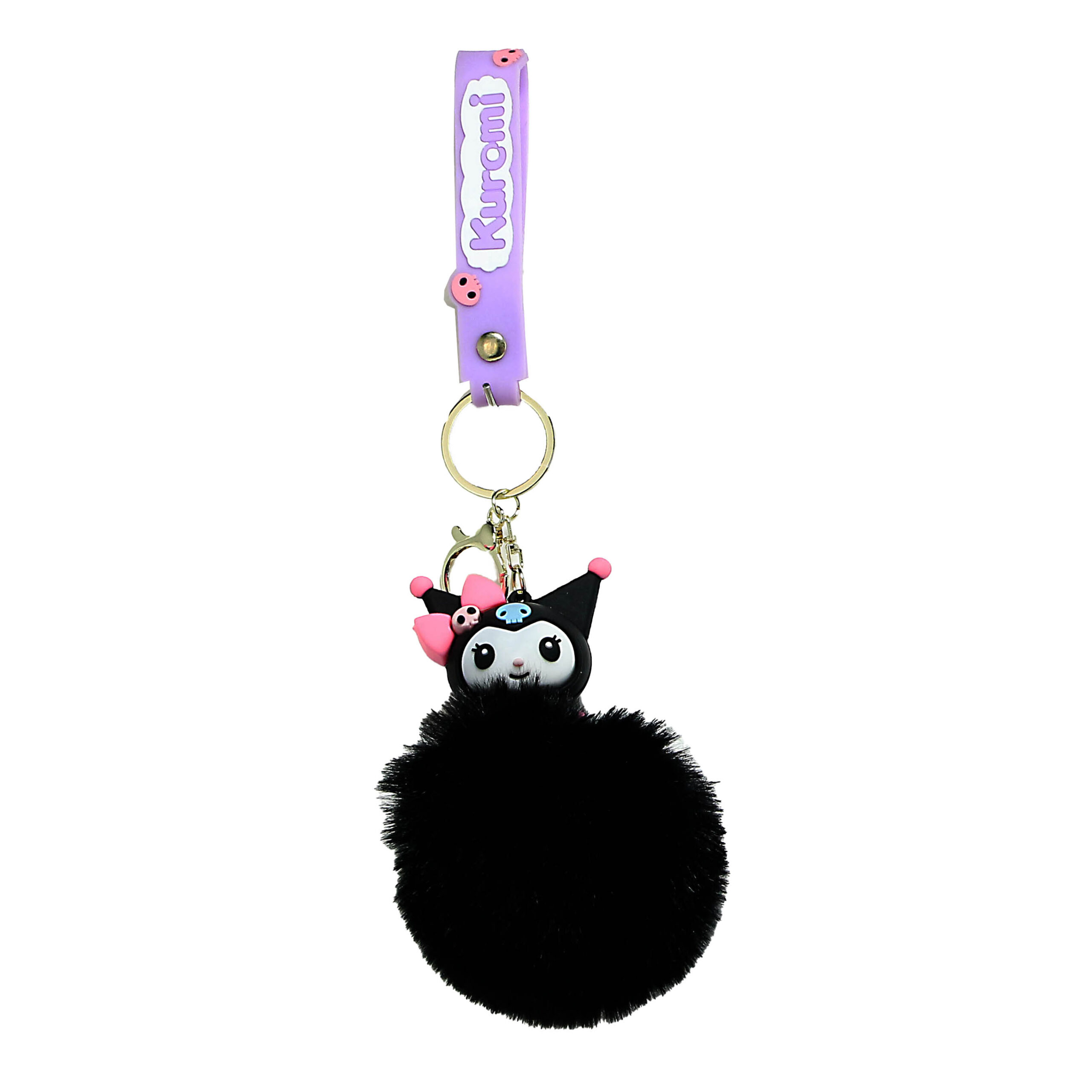 PSK-053 Pom Pom Puffy Keychain with Silicone Band – Kuromi Black Blue Skull Forehead