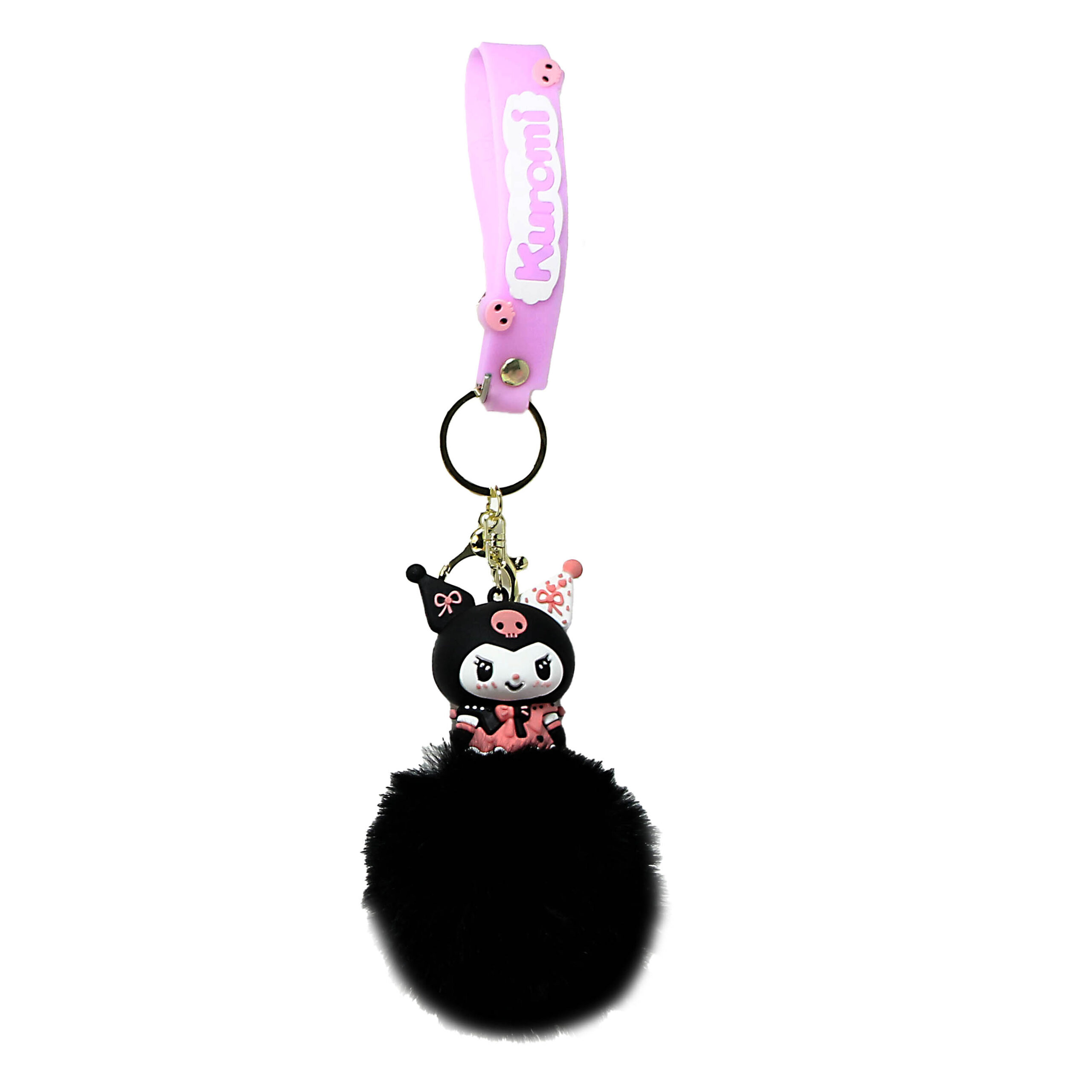 PSK-054 Pom Pom Puffy Keychain with Silicone Band – Kuromi Black Pink Skull Forehead
