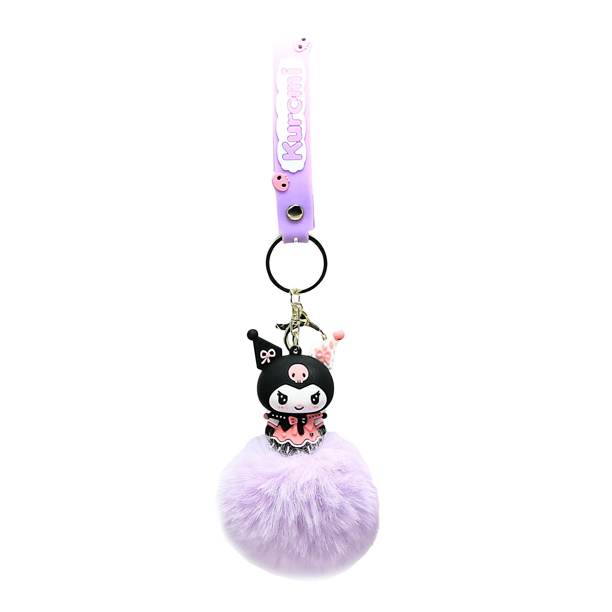 PSK-056 Pom Pom Puffy Keychain with Silicone Band – Kuromi Lavender Pink Dress