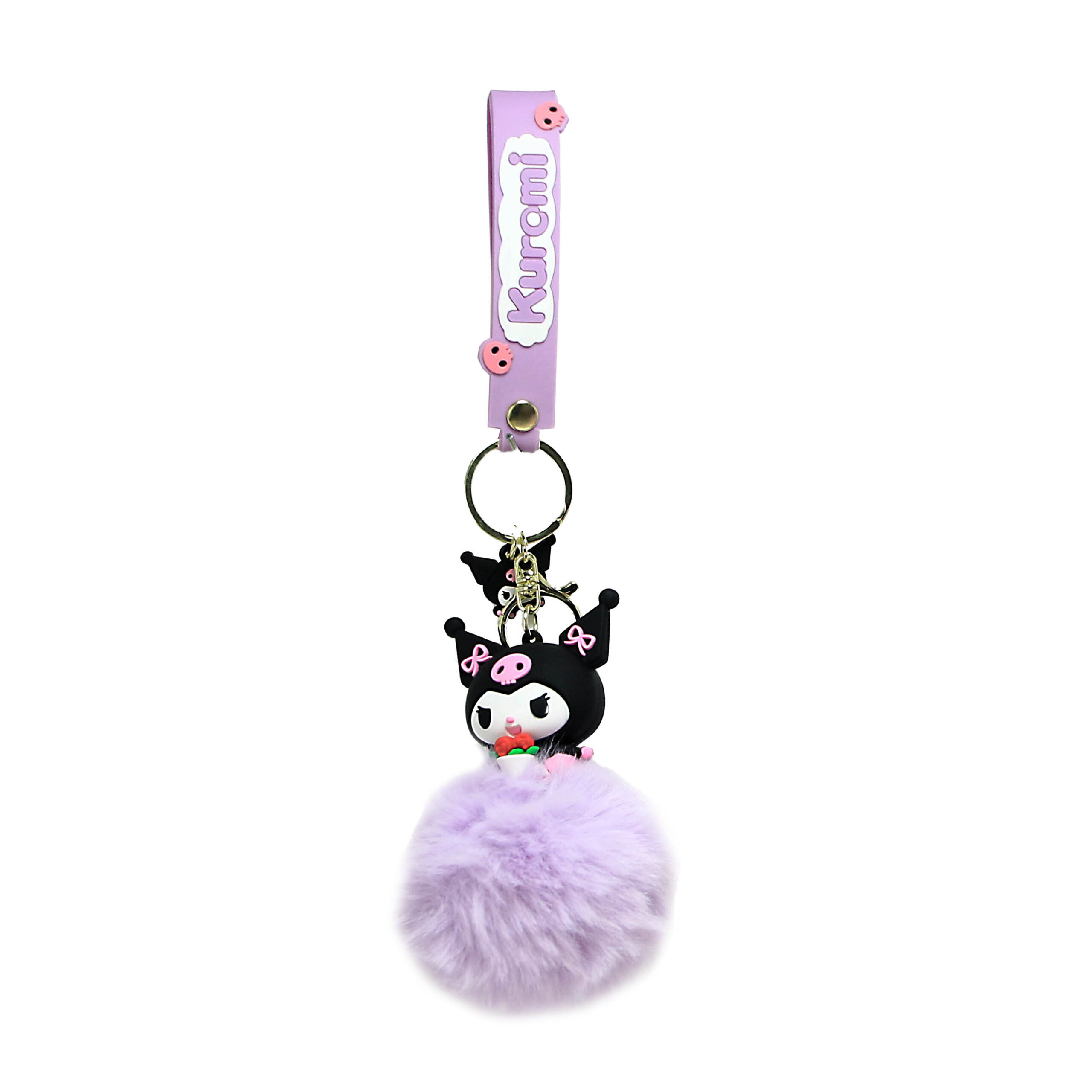 PSK-057 Pom Pom Puffy Keychain with Silicone Band – Kuromi Lavender Pink Skull