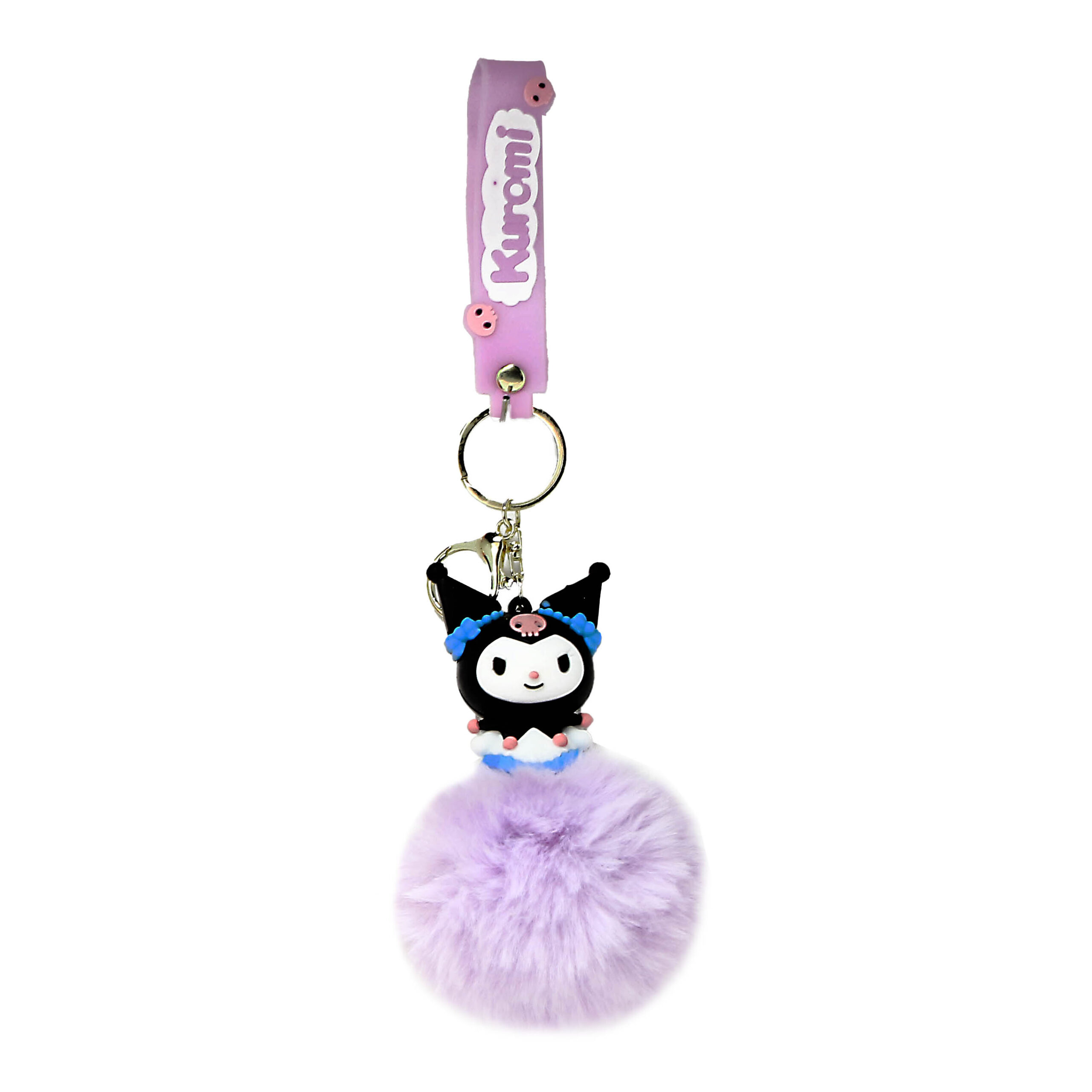 PSK-058 Pom Pom Puffy Keychain with Silicone Band – Kuromi Lavender Blue Bows