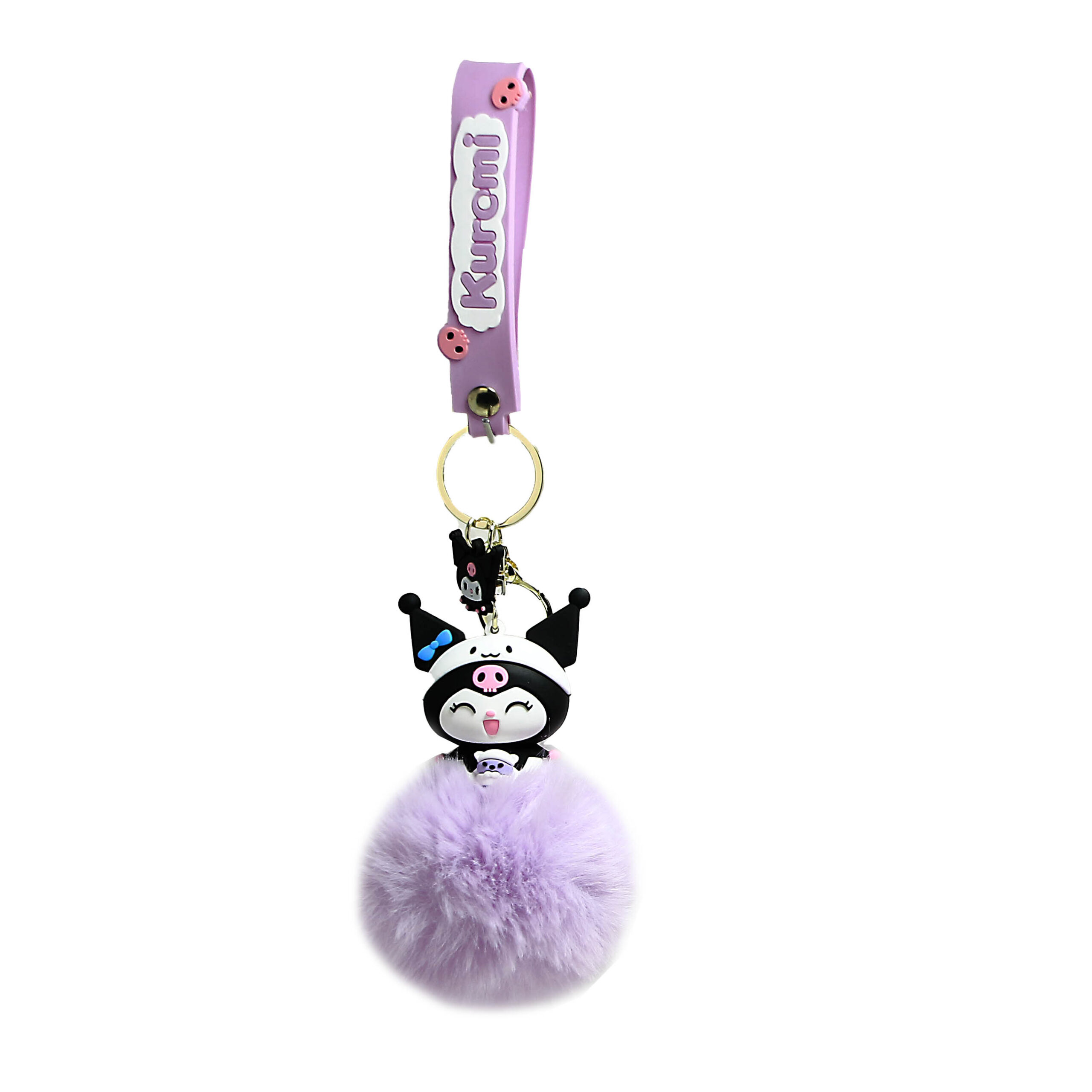 PSK-061 Pom Pom Puffy Keychain with Silicone Band – Kuromi Lavender Happy Singing