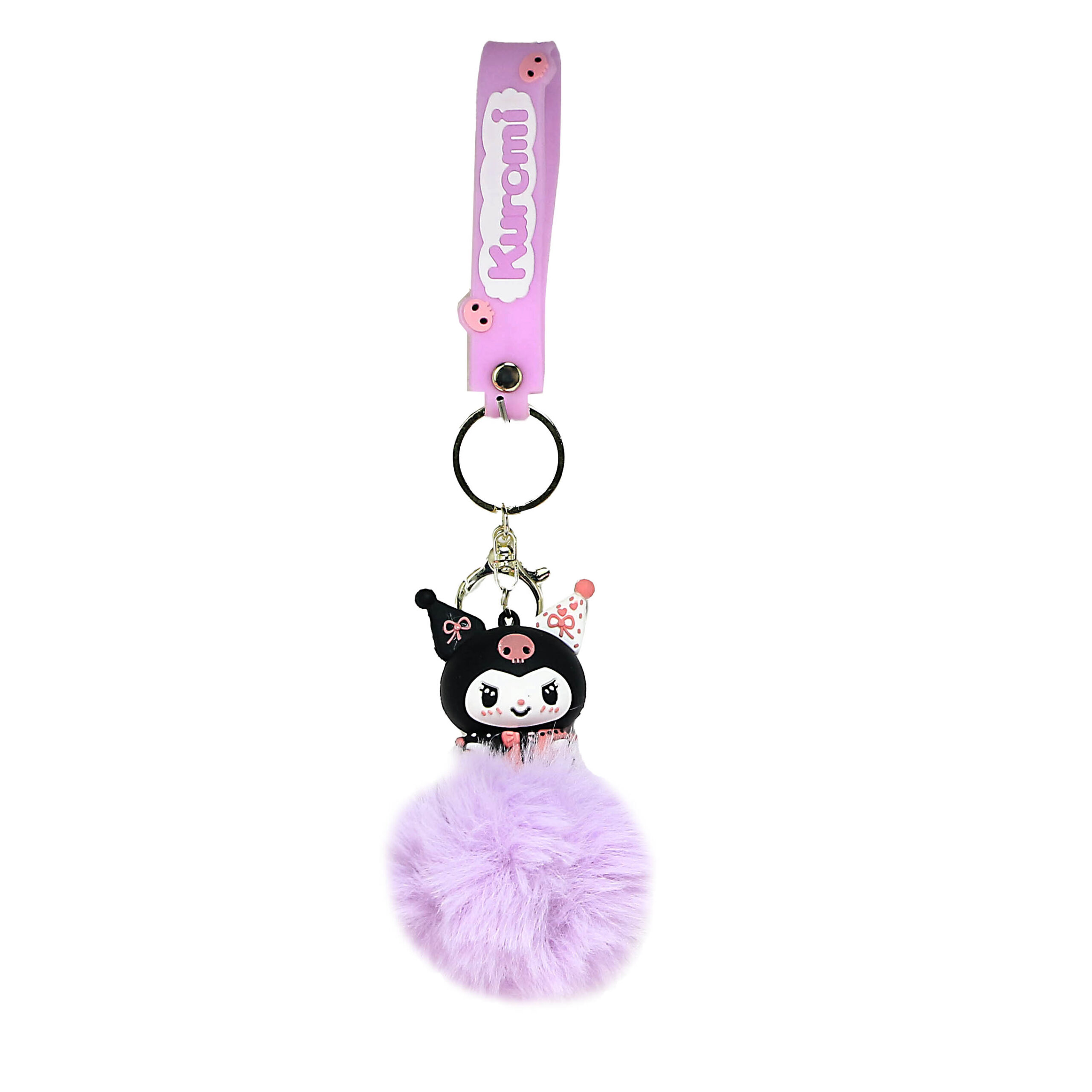 PSK-063 Pom Pom Puffy Keychain with Silicone Band – Kuromi Lavender Evil Look