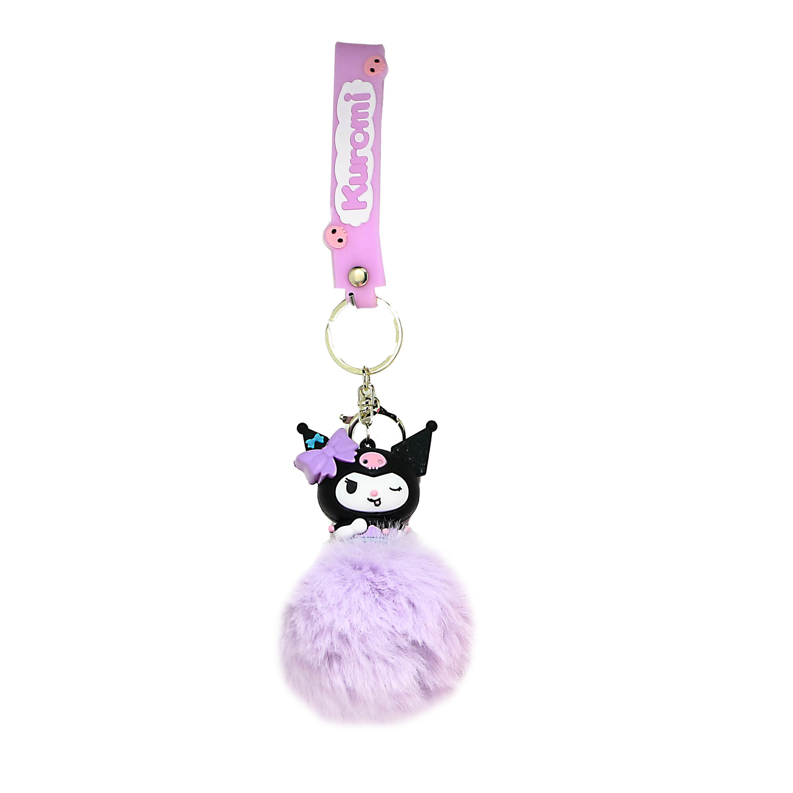 PSK-064 Pom Pom Puffy Keychain with Silicone Band – Kuromi Lavender Wink Lilac Bow