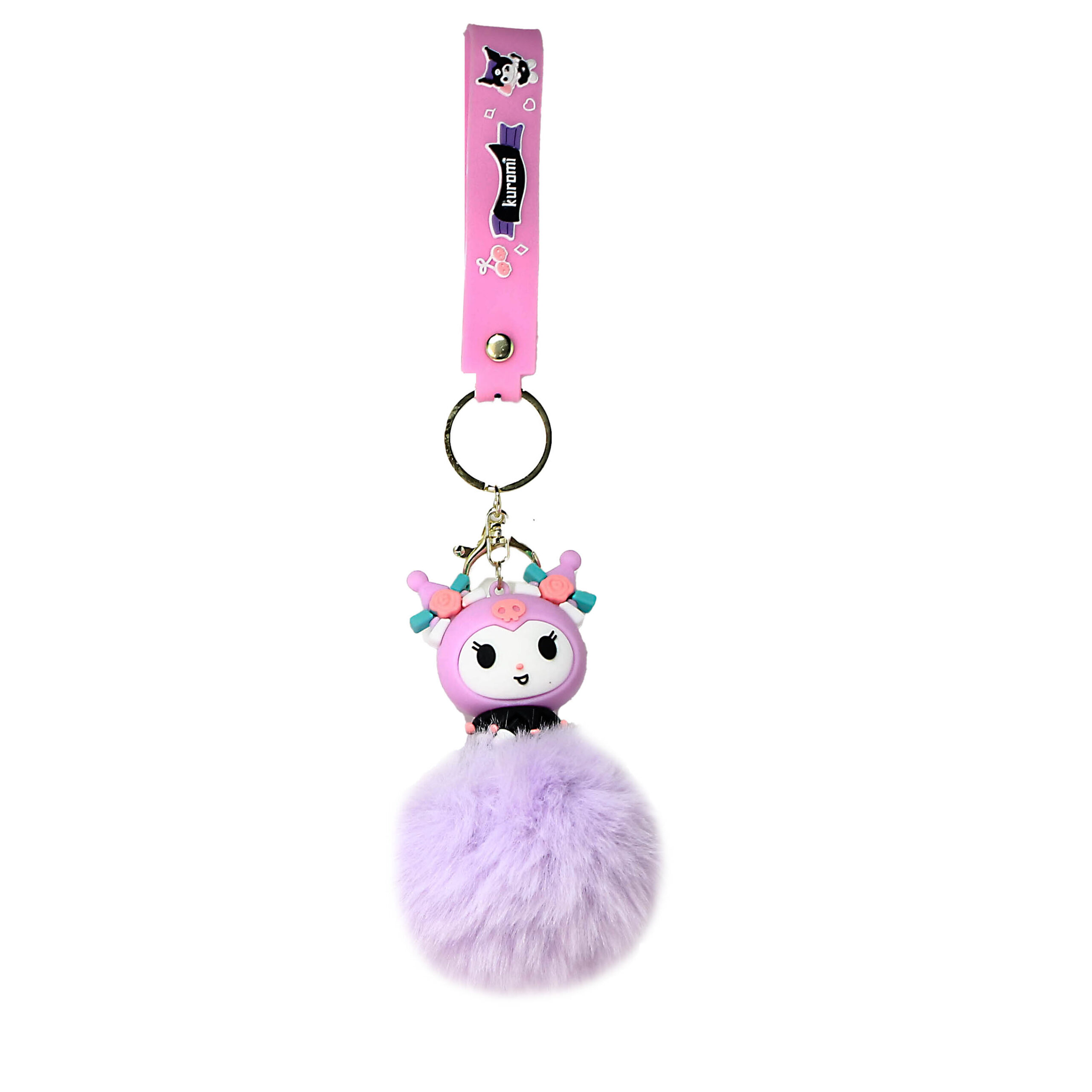 PSK-065 Pom Pom Puffy Keychain with Silicone Band – Kuromi Lavender Wild Hair