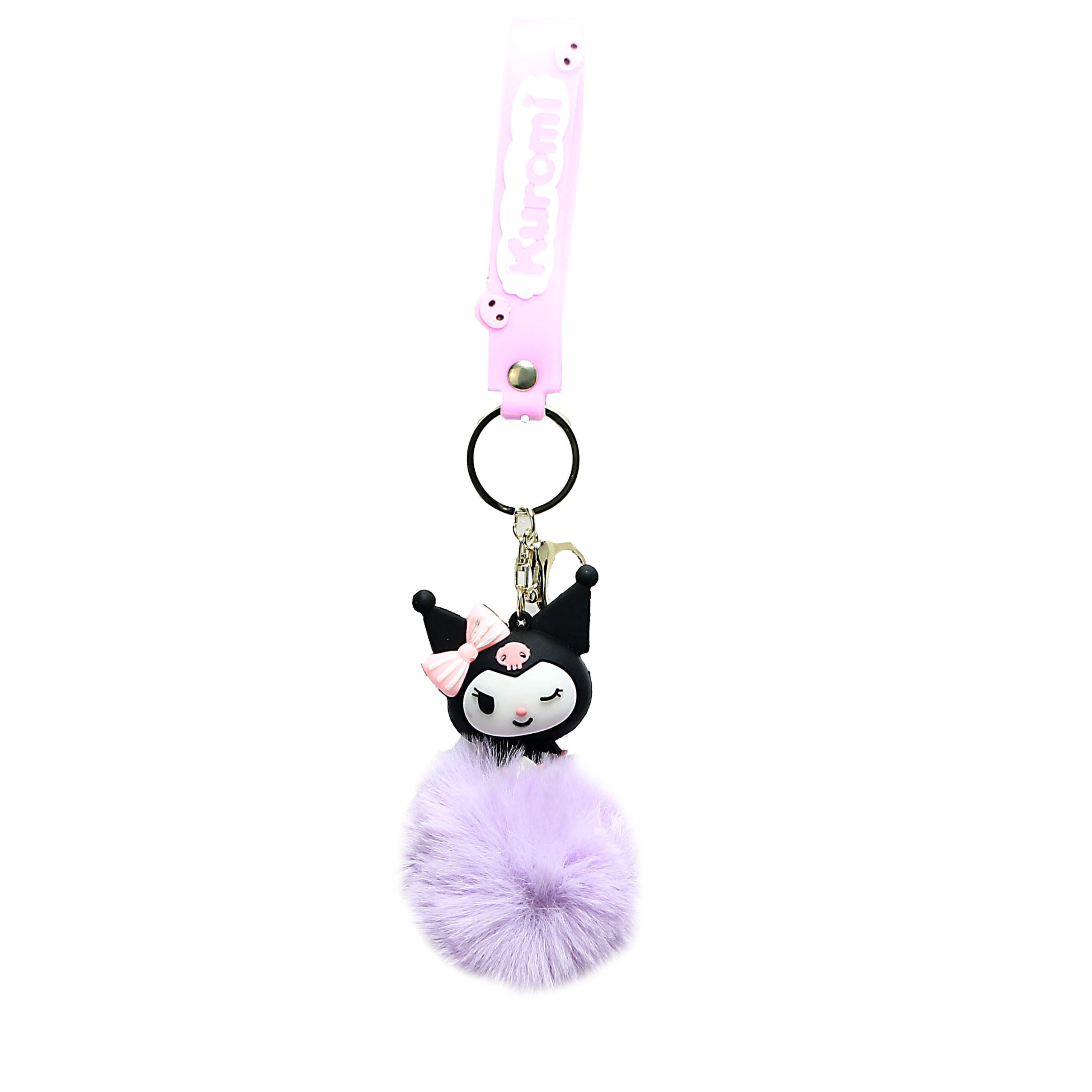 PSK-068 Pom Pom Puffy Keychain with Silicone Band – Kuromi Lavender Wink Black Hat