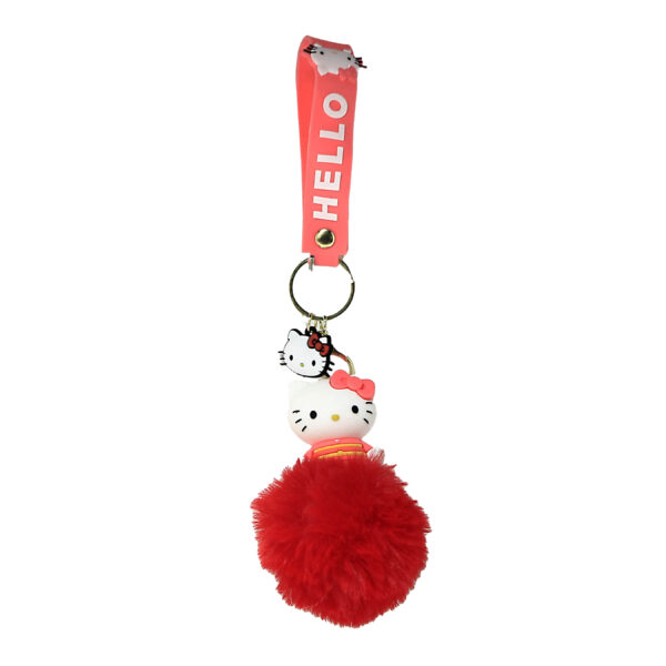 PSK-072 Pom Pom Puffy Keychain with Silicone Band - Hello Kitty - Red Pink Bow