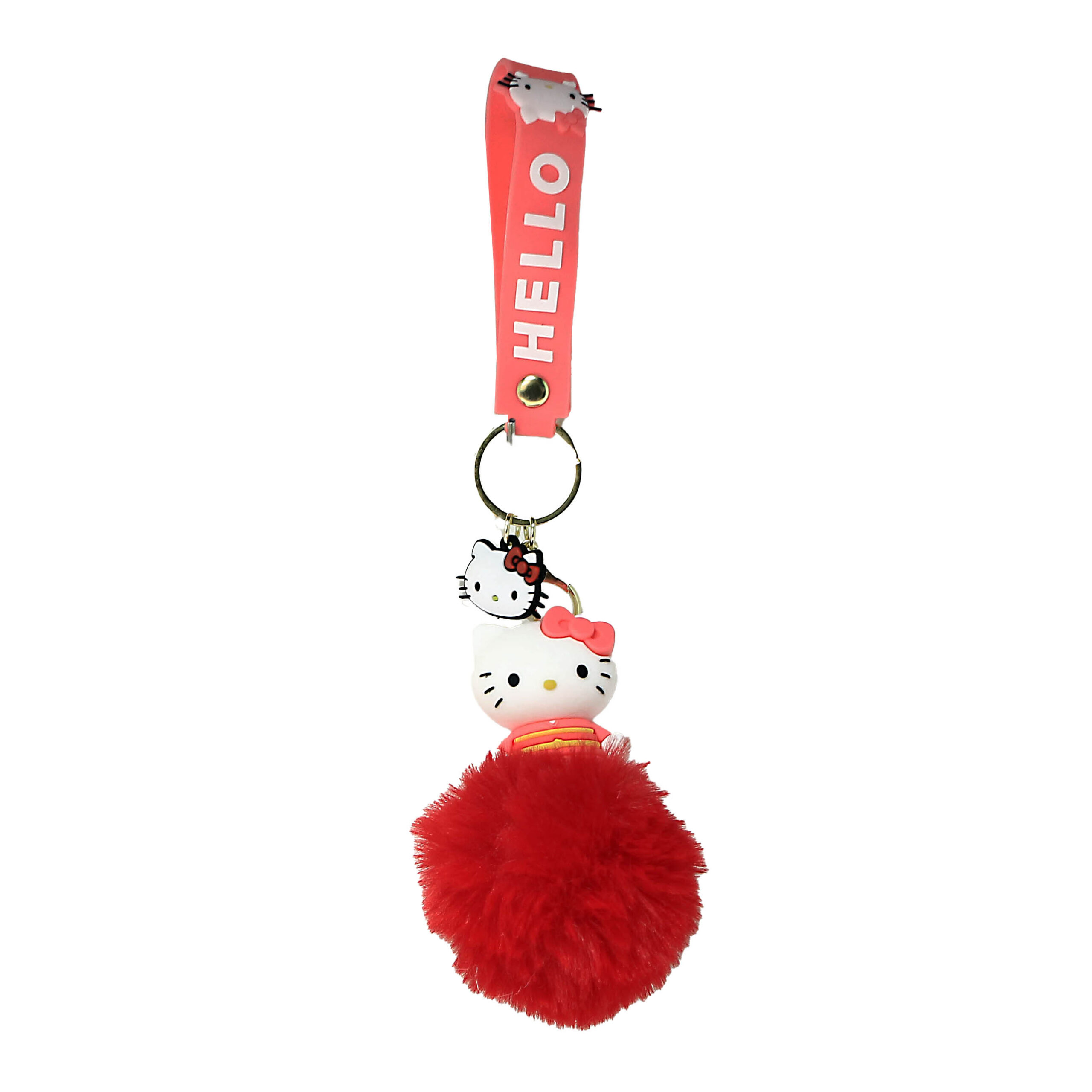 PSK-072 Pom Pom Puffy Keychain with Silicone Band – Hello Kitty – Red Pink Bow