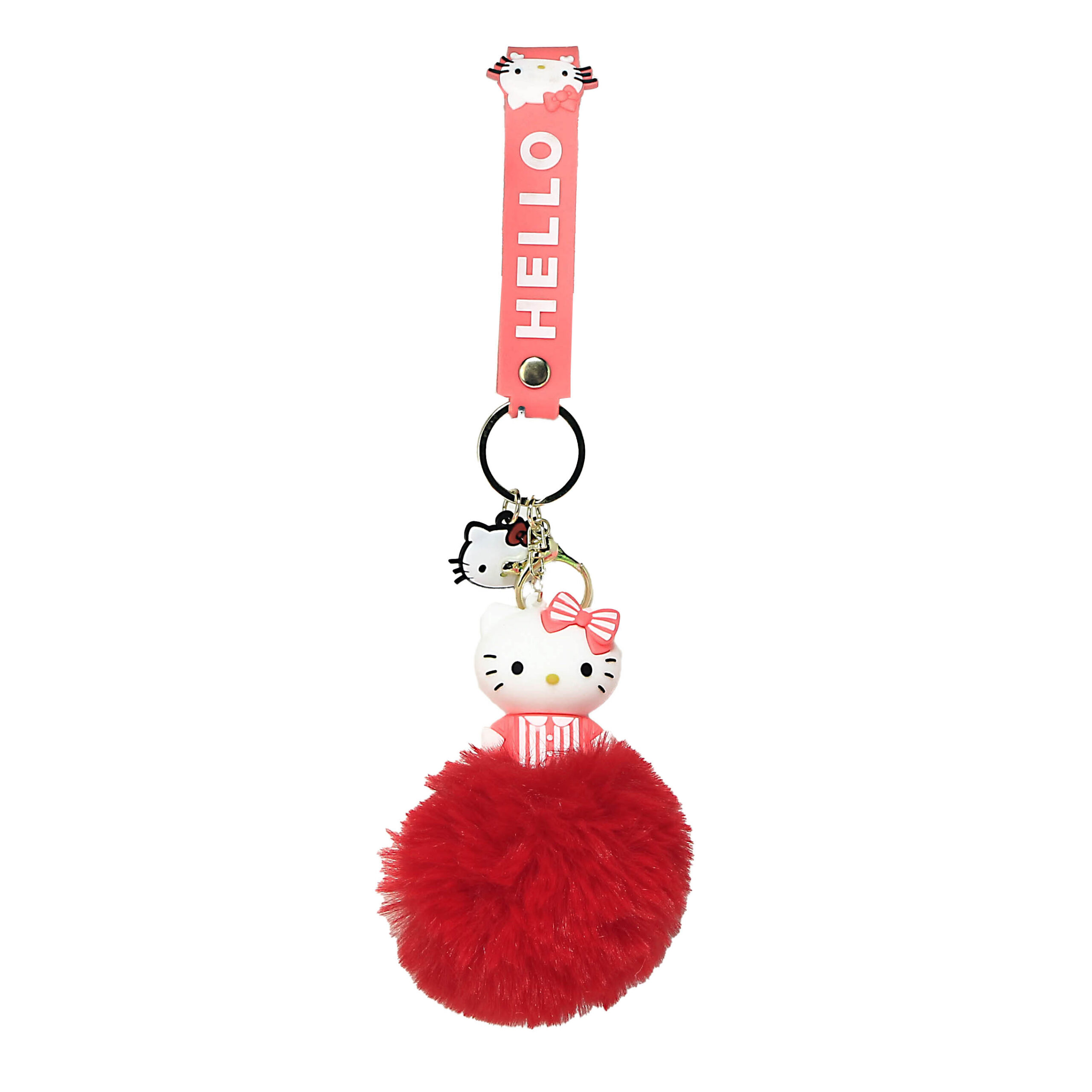 PSK-073 Pom Pom Puffy Keychain with Silicone Band – Hello Kitty – Red Pink Stripped Bow