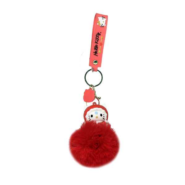 PSK-075 Pom Pom Puffy Keychain with Silicone Band - Hello Kitty - Red Hat