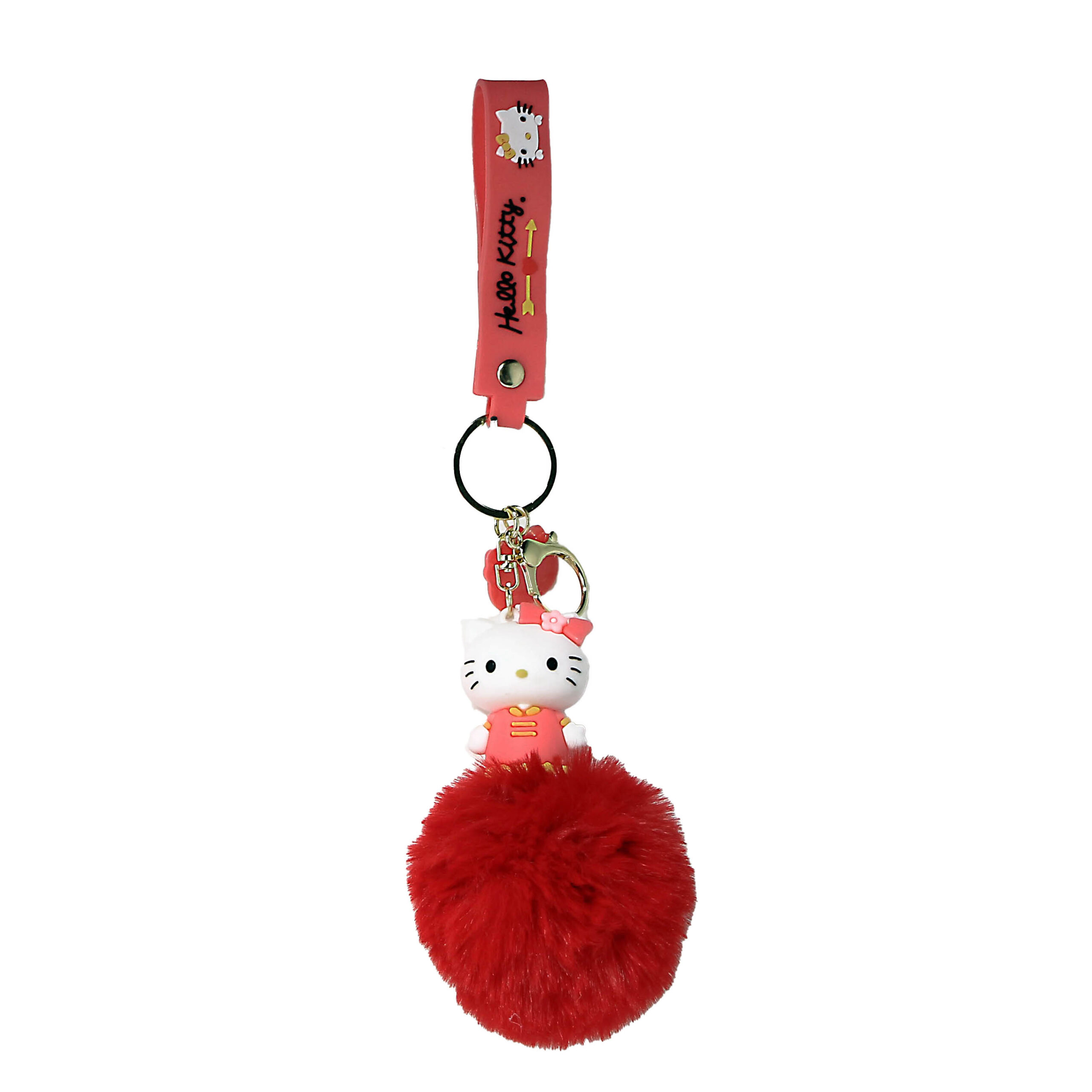 PSK-076 Pom Pom Puffy Keychain with Silicone Band – Hello Kitty – Red Pink Suit