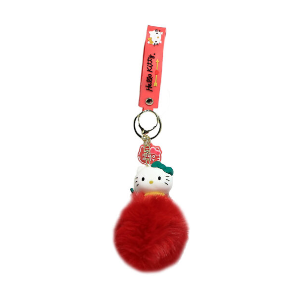 PSK-077 Pom Pom Puffy Keychain with Silicone Band - Hello Kitty - Red with Green Bow
