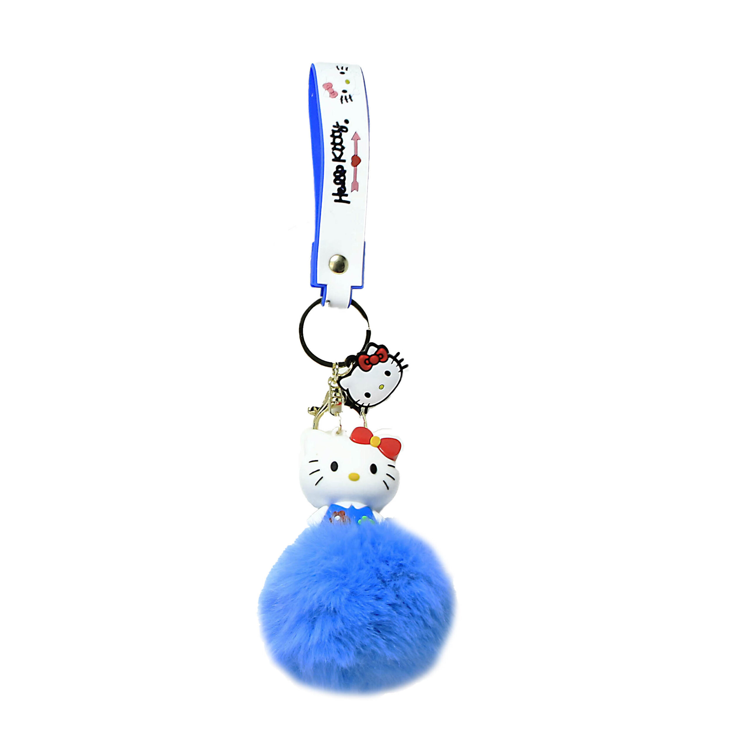 PSK-079 Pom Pom Puffy Keychain with Silicone Band – Hello Kitty – Blue Flower Dress