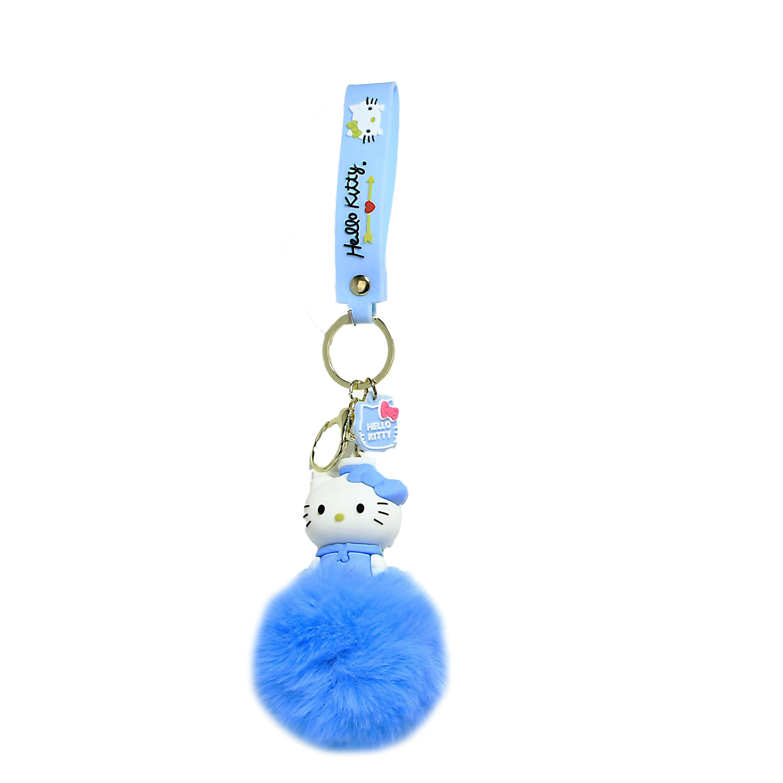 PSK-080 Pom Pom Puffy Keychain with Silicone Band – Hello Kitty – Blue Outfit
