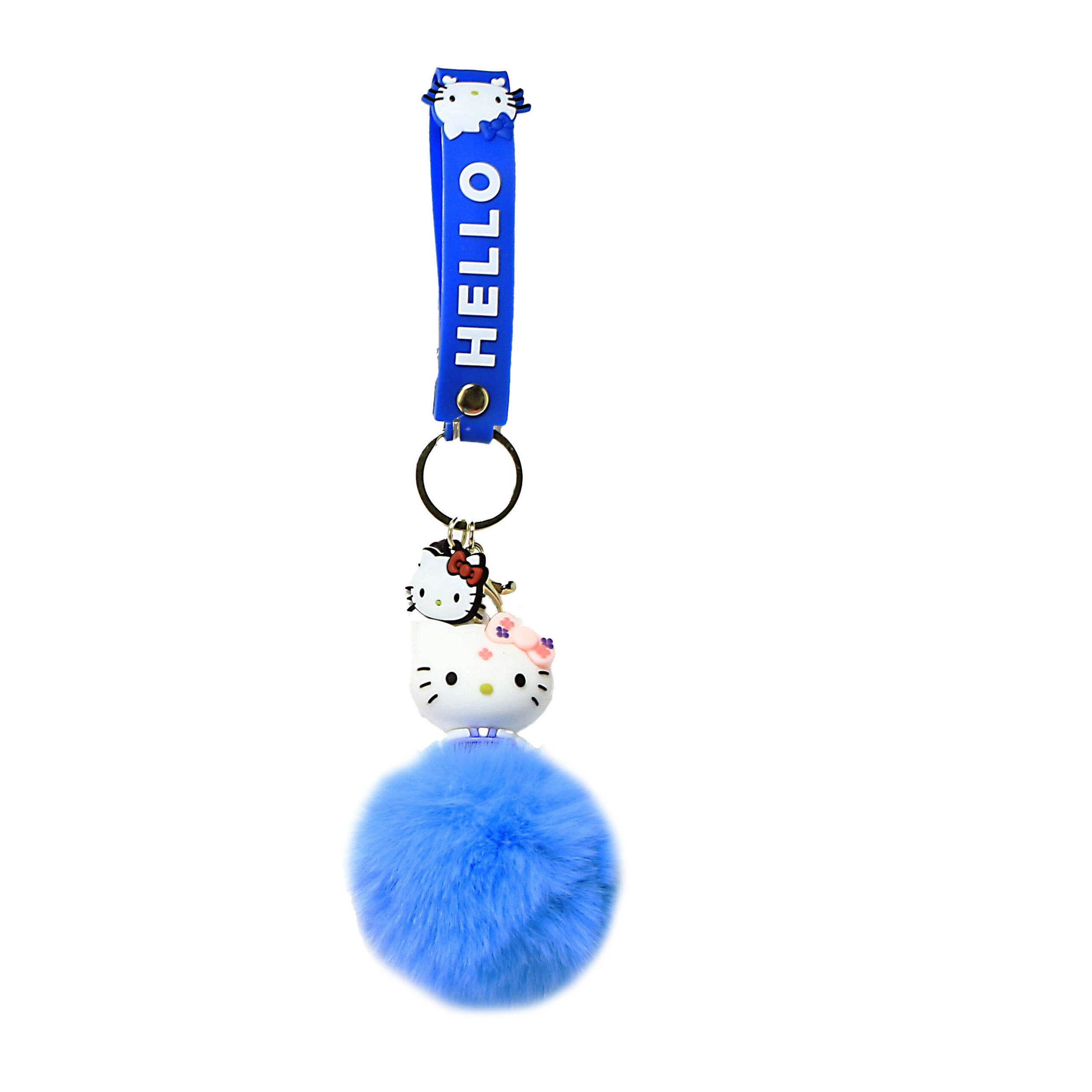 PSK-082 Pom Pom Puffy Keychain with Silicone Band – Hello Kitty – Blue Flowery Bow