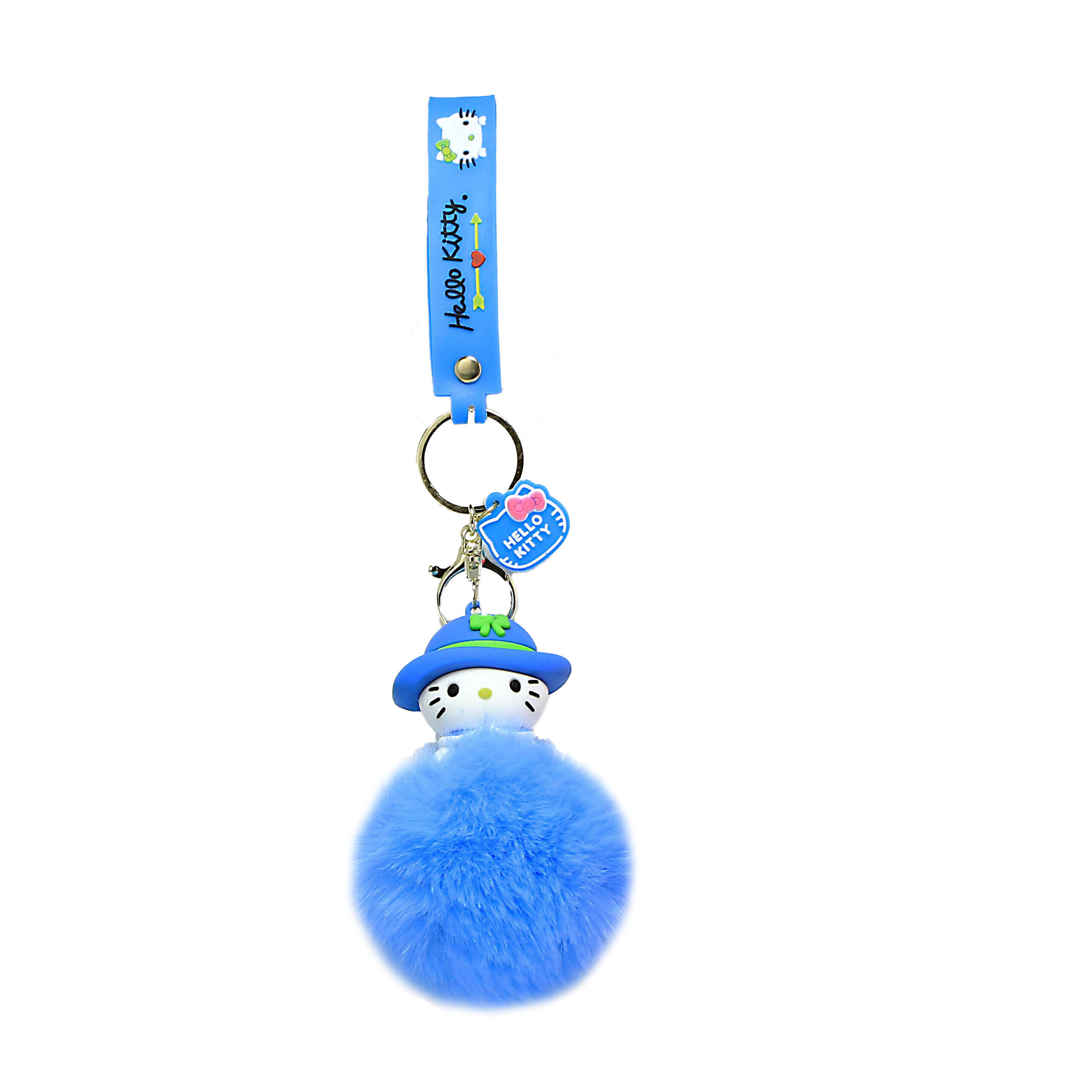 PSK-083 Pom Pom Puffy Keychain with Silicone Band – Hello Kitty – Blue Hat