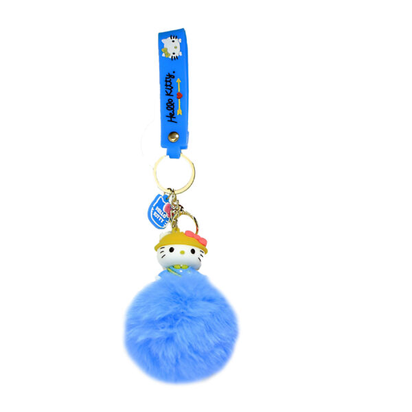 PSK-084 Pom Pom Puffy Keychain with Silicone Band - Hello Kitty - Blue Yellow Hat