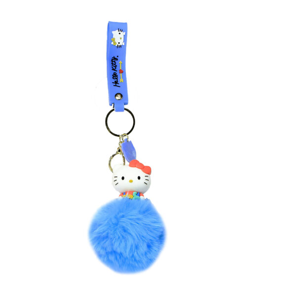 PSK-085 Pom Pom Puffy Keychain with Silicone Band - Hello Kitty - Blue Colorful Dress
