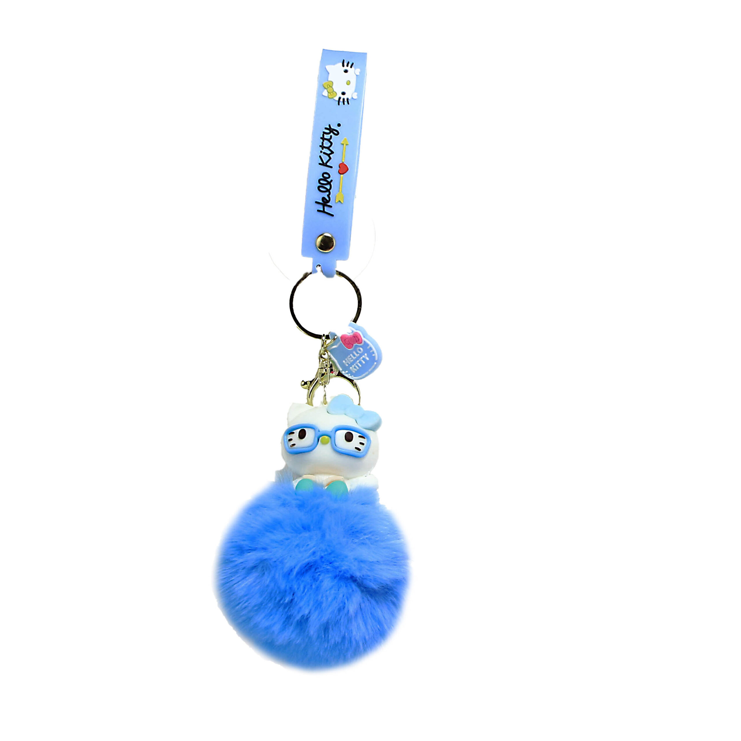 PSK-086 Pom Pom Puffy Keychain with Silicone Band – Hello Kitty – Blue with Glasses