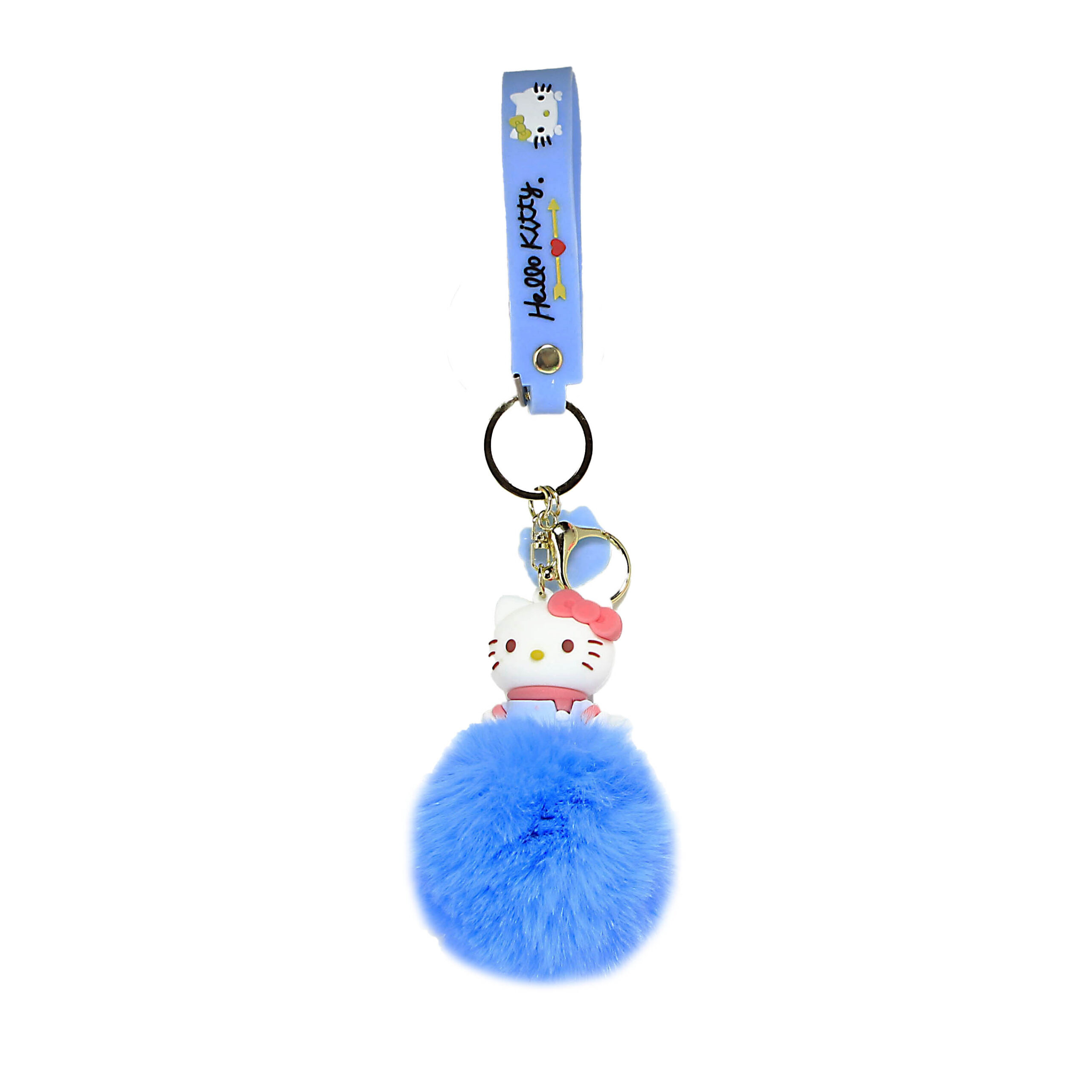 PSK-089 Pom Pom Puffy Keychain with Silicone Band – Hello Kitty – Blue Red Scarf