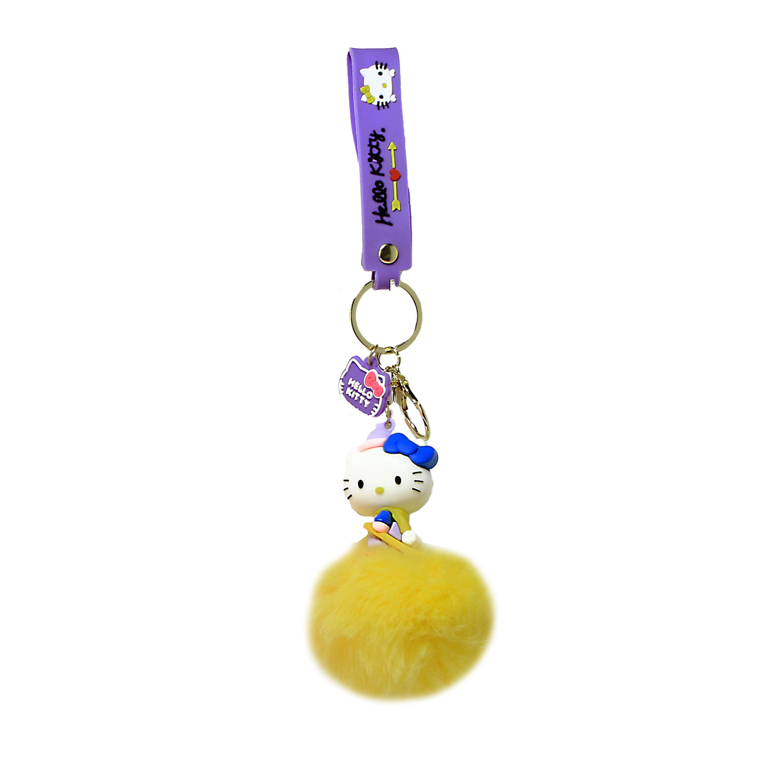 PSK-090 Pom Pom Puffy Keychain with Silicone Band – Hello Kitty – Yellow Blue Bow