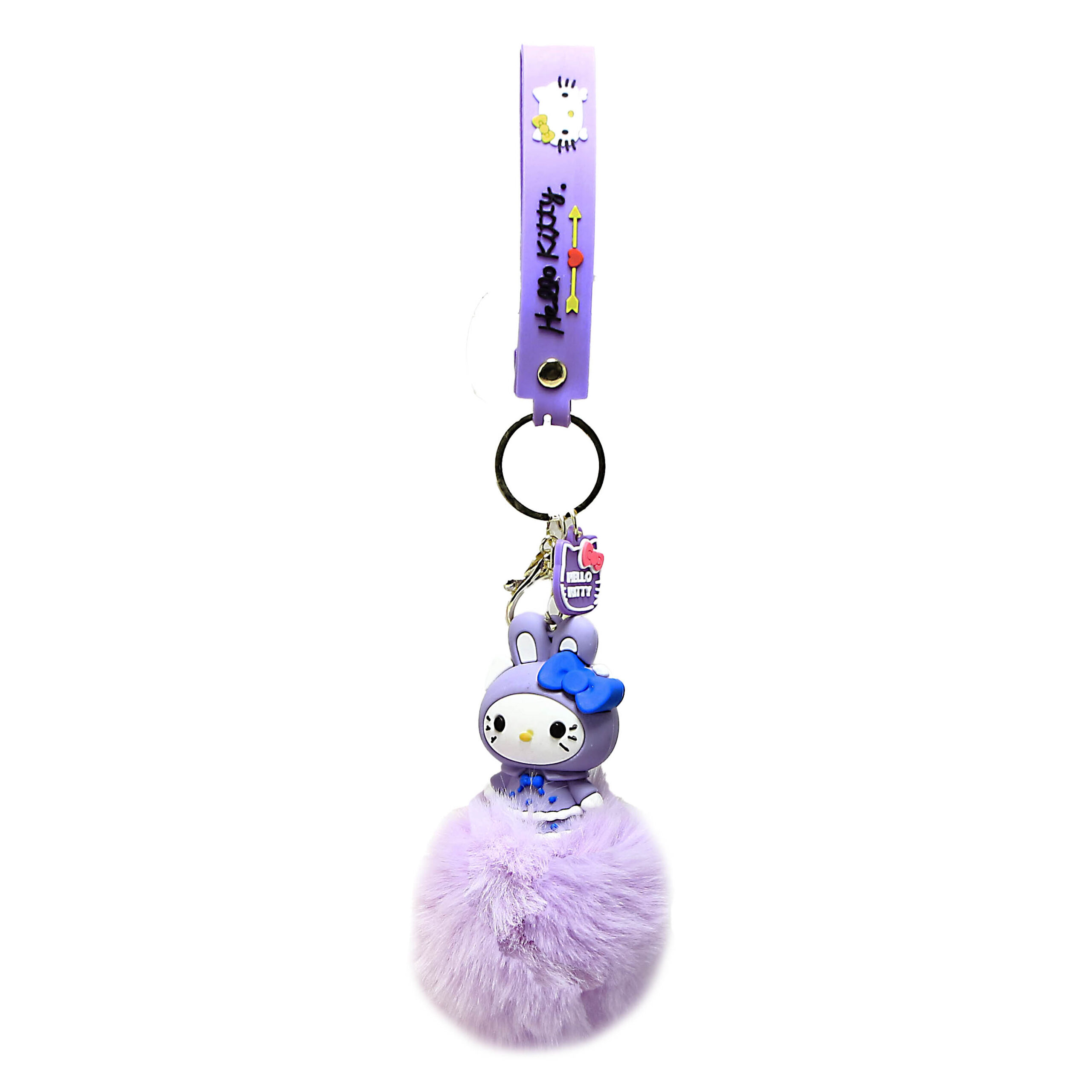 PSK-093 Pom Pom Puffy Keychain with Silicone Band – Hello Kitty – Lavender Blue Bow