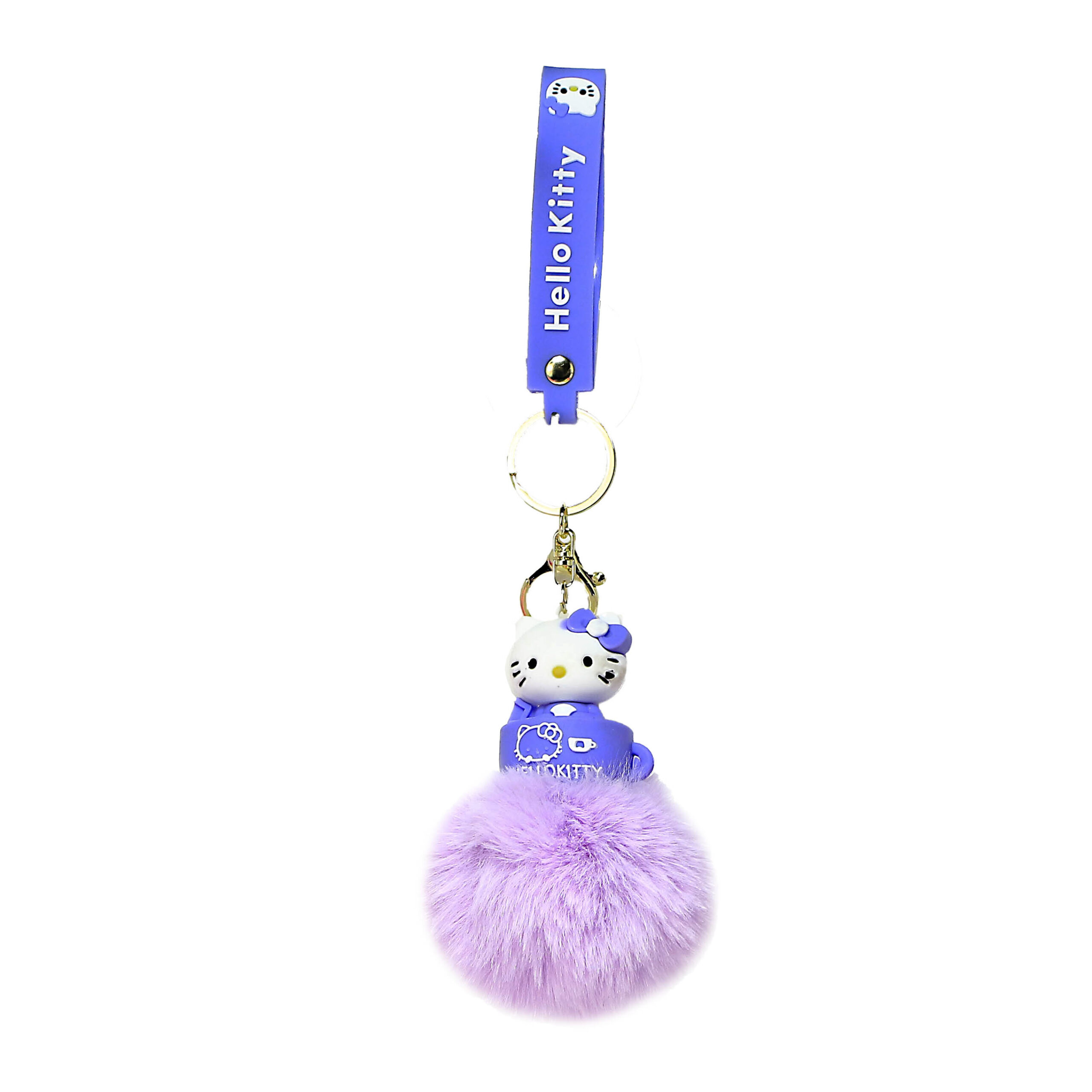 PSK-095 Pom Pom Puffy Keychain with Silicone Band – Hello Kitty – Lavender On Top Blue Cake