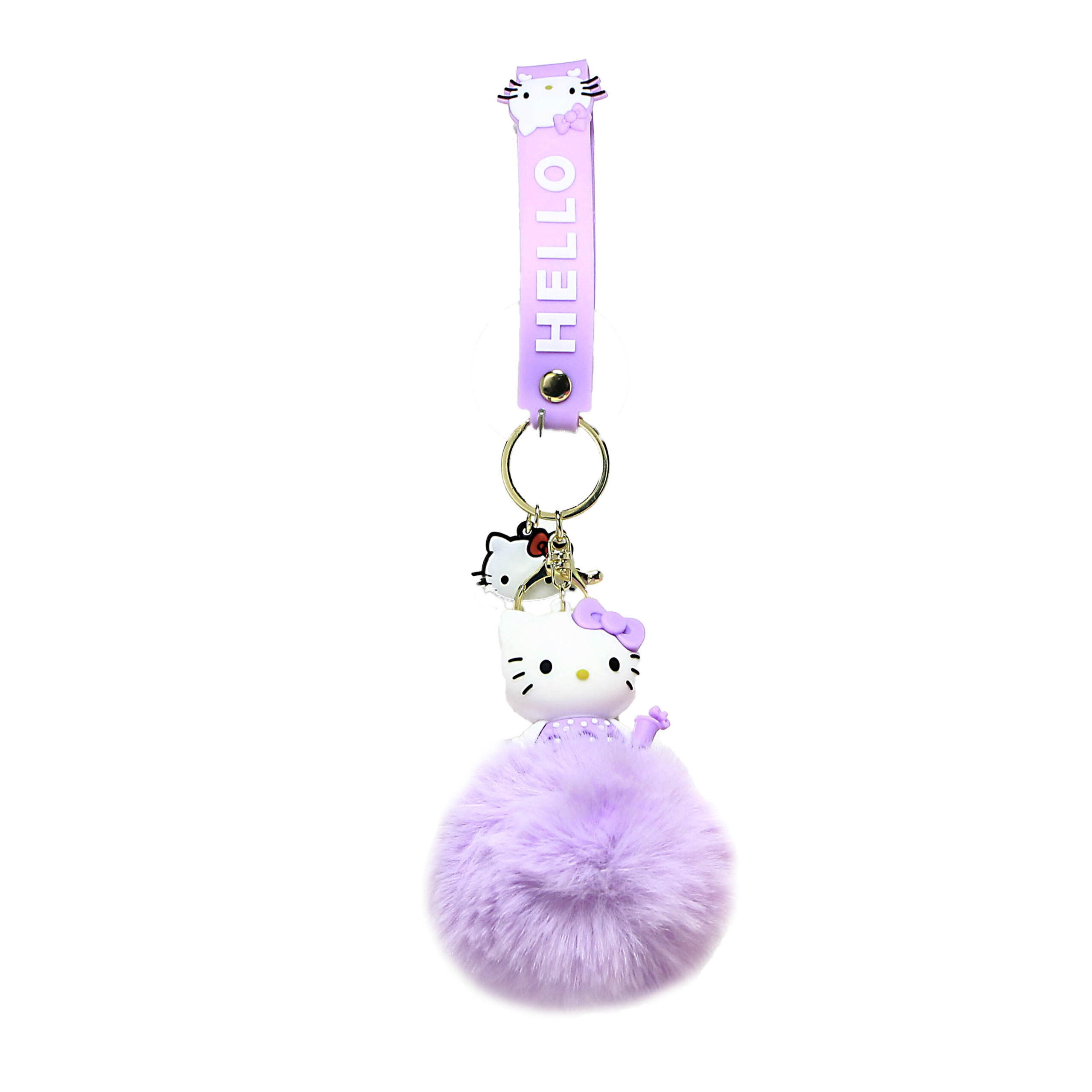 PSK-096 Pom Pom Puffy Keychain with Silicone Band – Hello Kitty – Lavender Poker Dot Dress