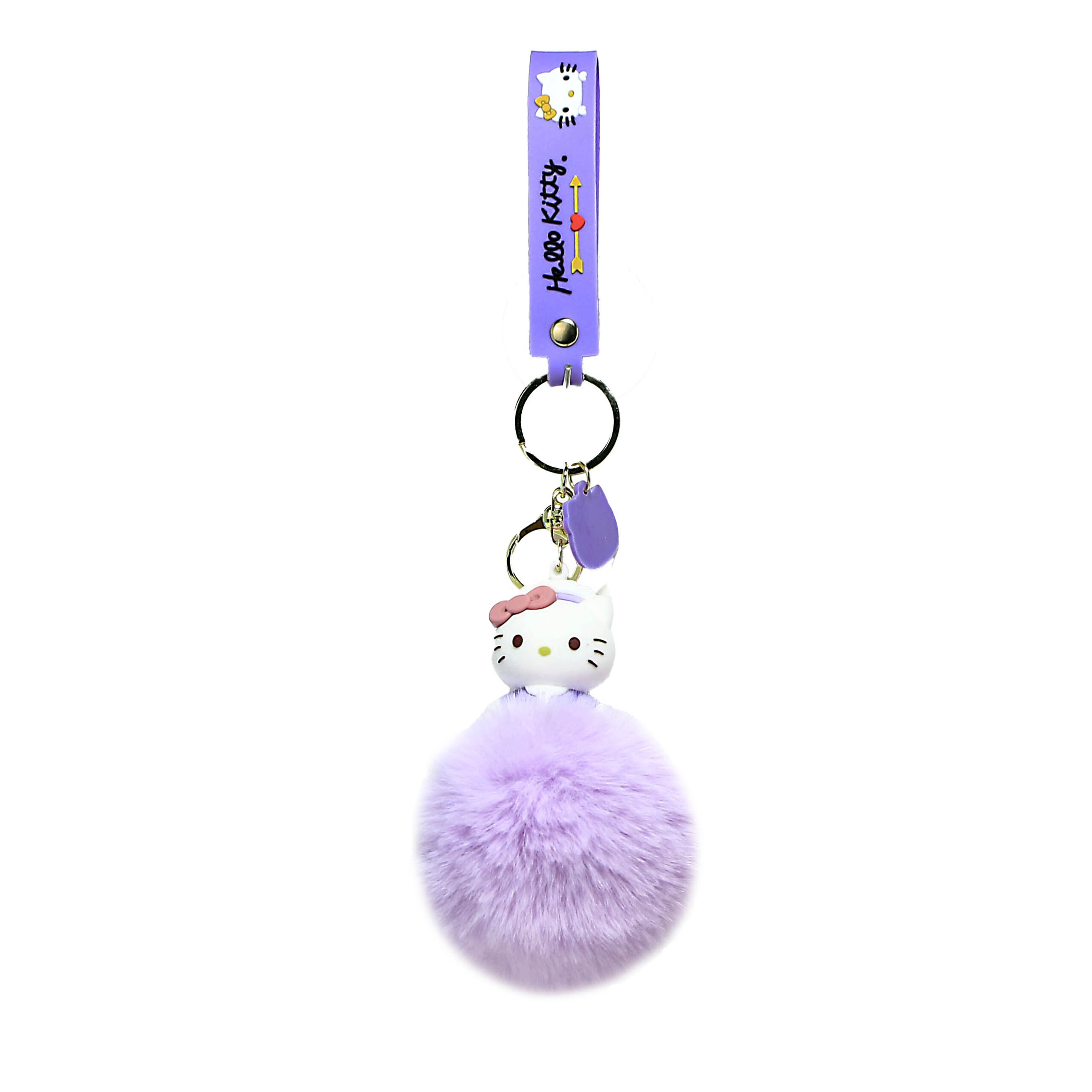 PSK-097 Pom Pom Puffy Keychain with Silicone Band – Hello Kitty – Lavender Bandana
