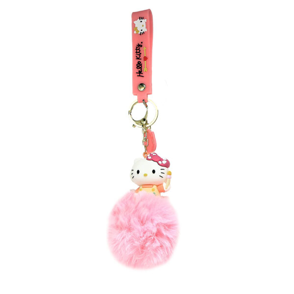 PSK-098 Pom Pom Puffy Keychain with Silicone Band - Hello Kitty - Pink Poker Dot Bow
